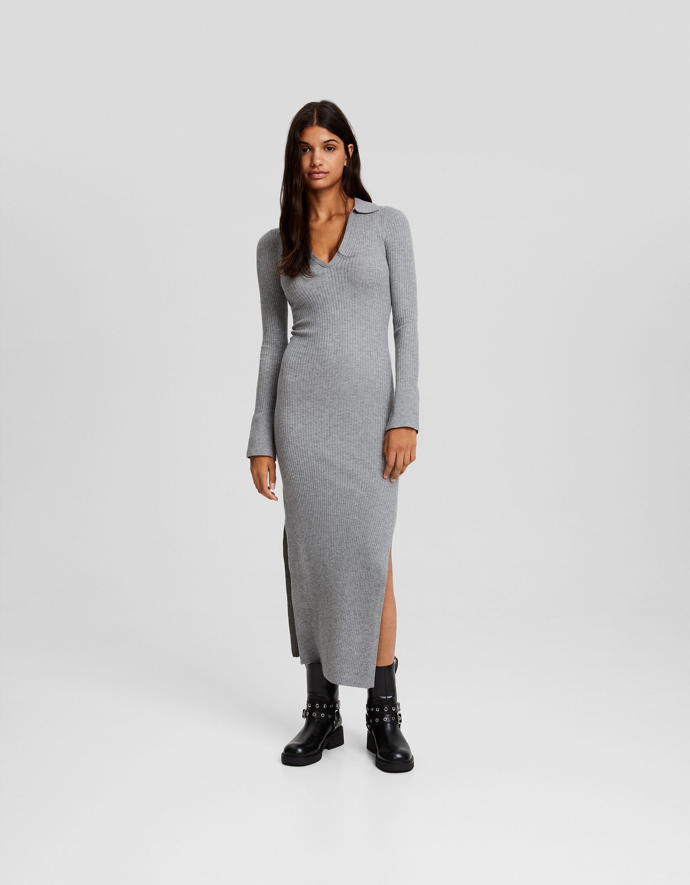 Vestido midi manga larga cuello polo