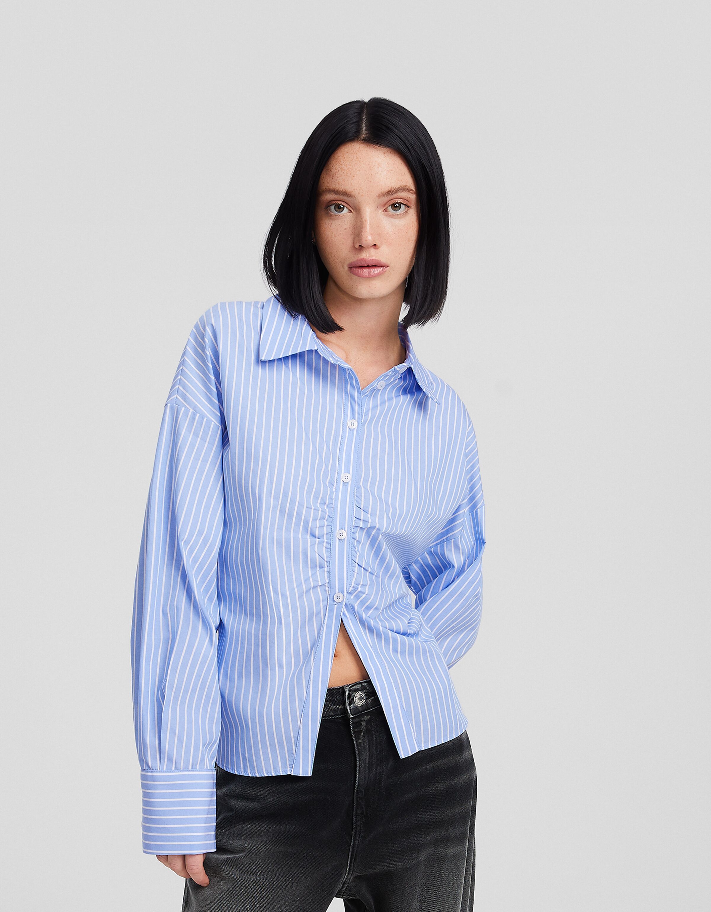 Camisa manga larga popelín rayas detalle frunce