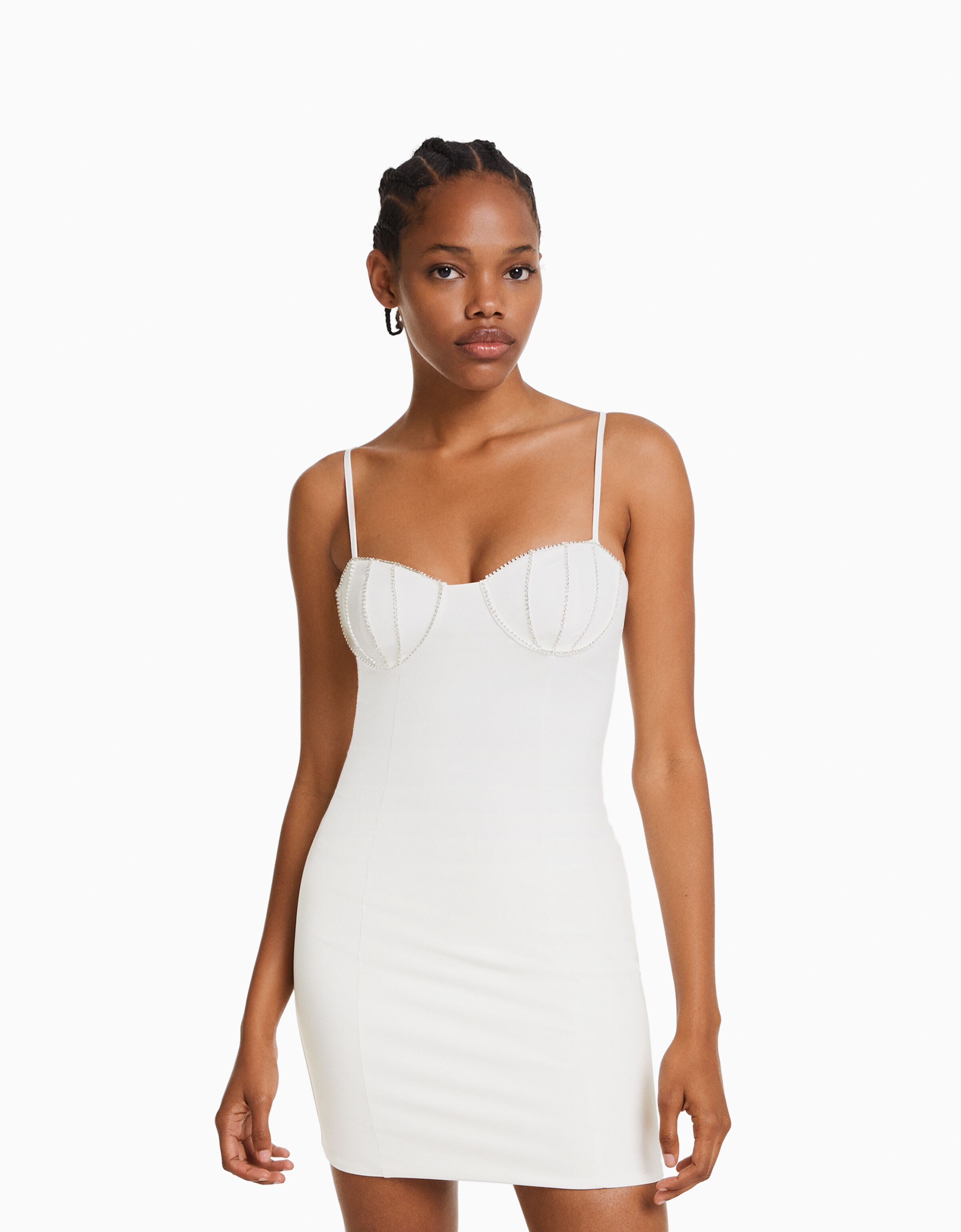 Vestido mini tirantes ajustado frunce strass