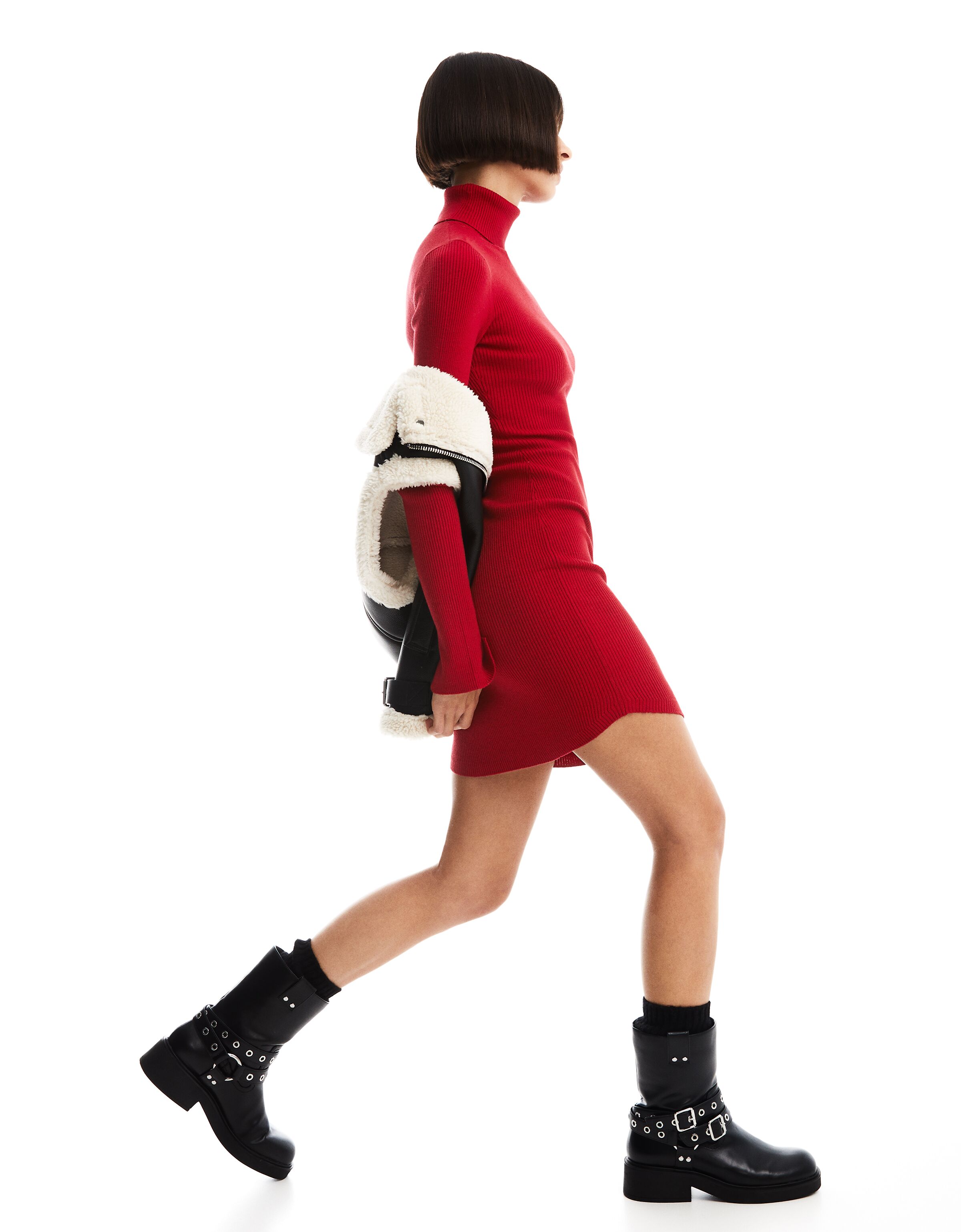 Vestido mini manga larga cuello subido punto