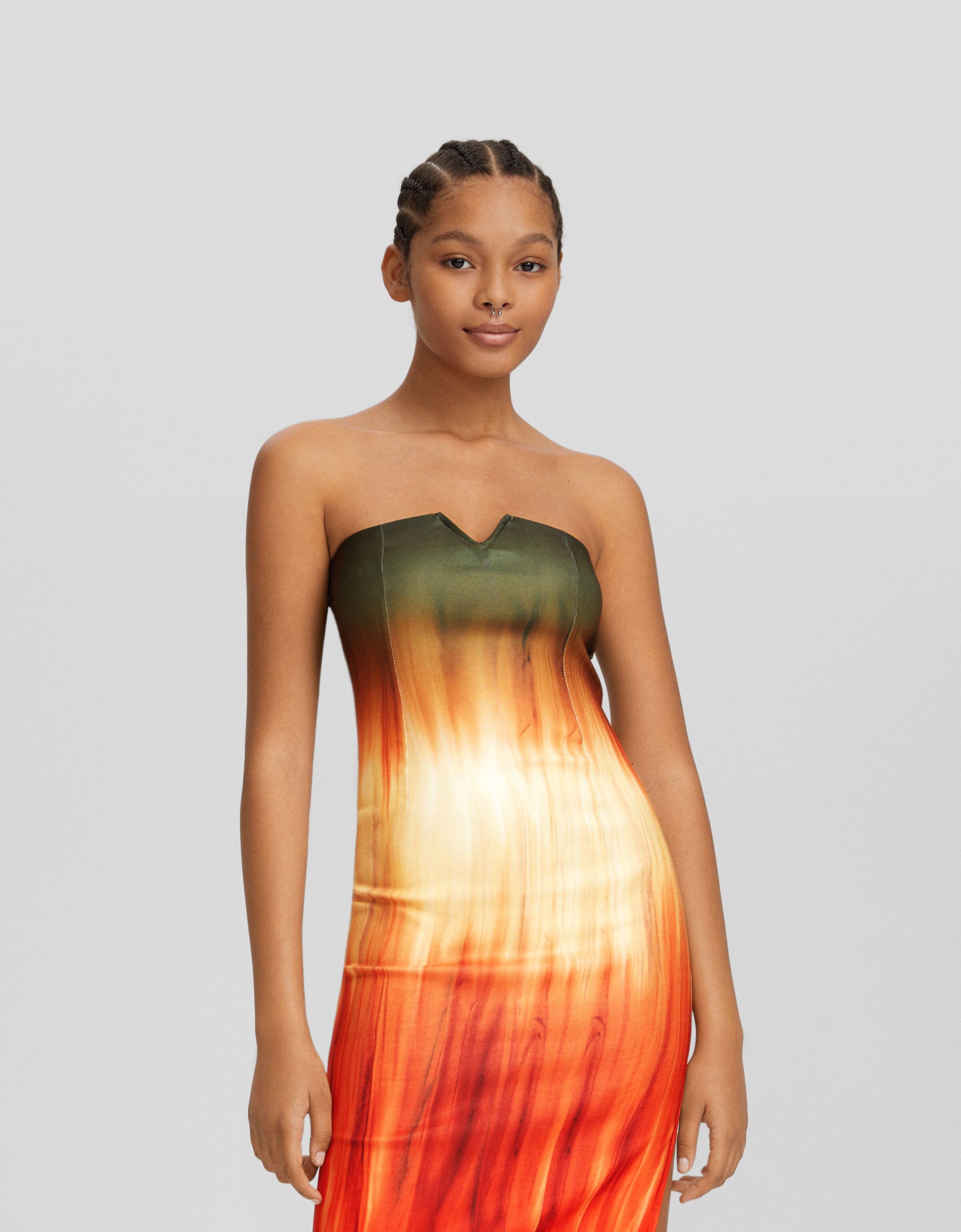 Vestido midi bandeau bengalina print