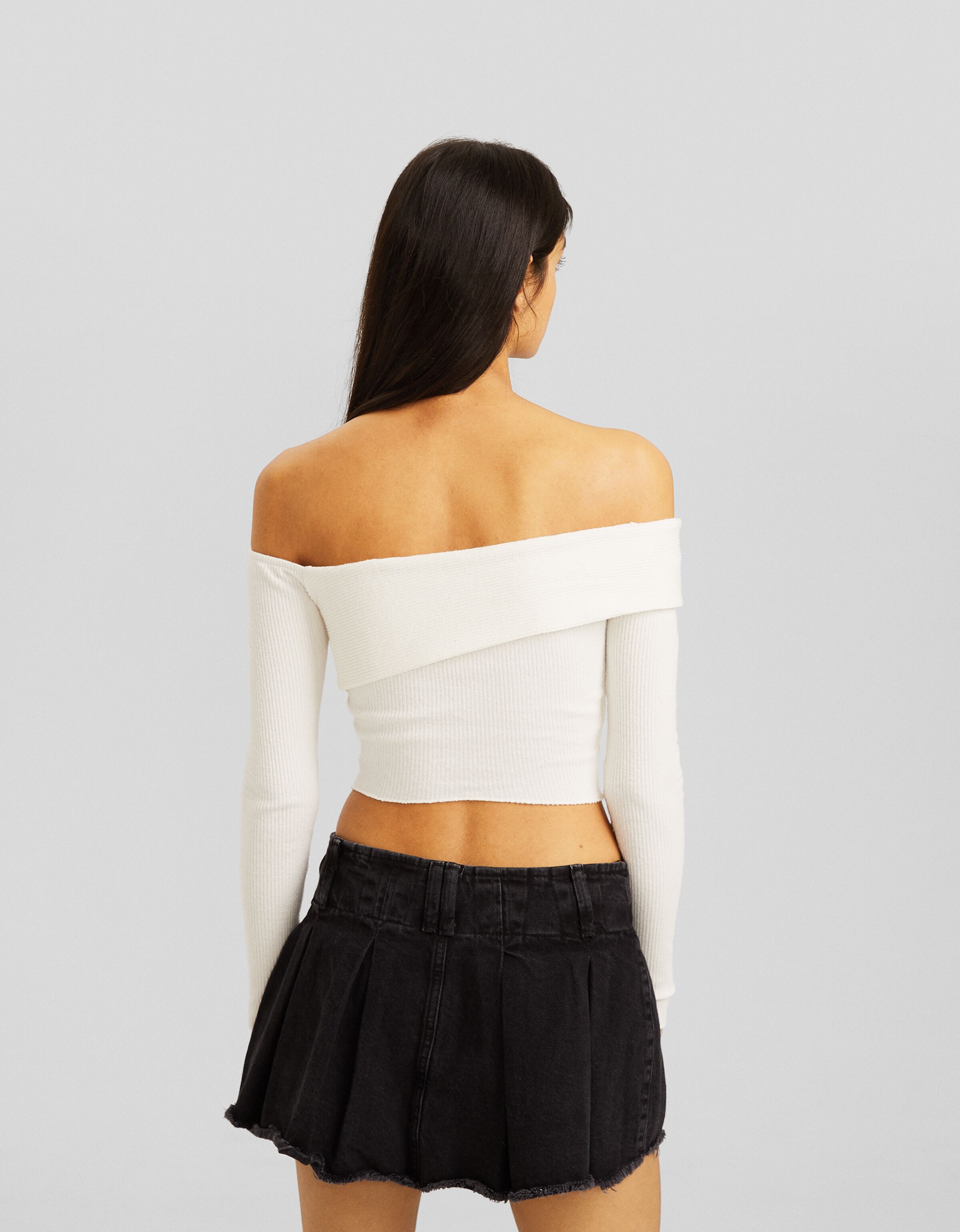 Camiseta manga larga bardot punto asimétrica