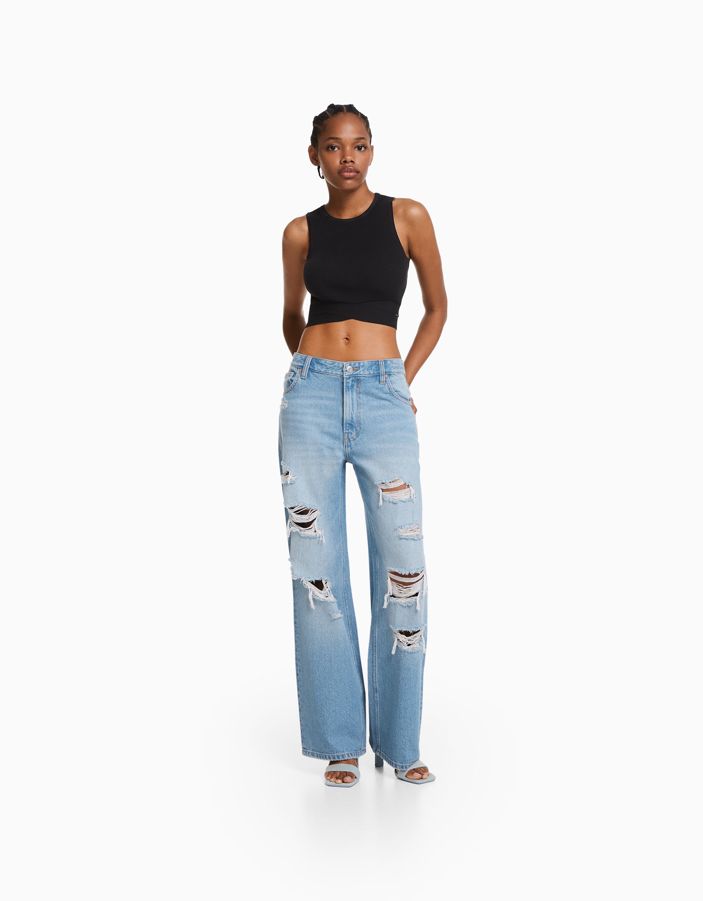 Jeans 90's wide leg efecto lavado rotos
