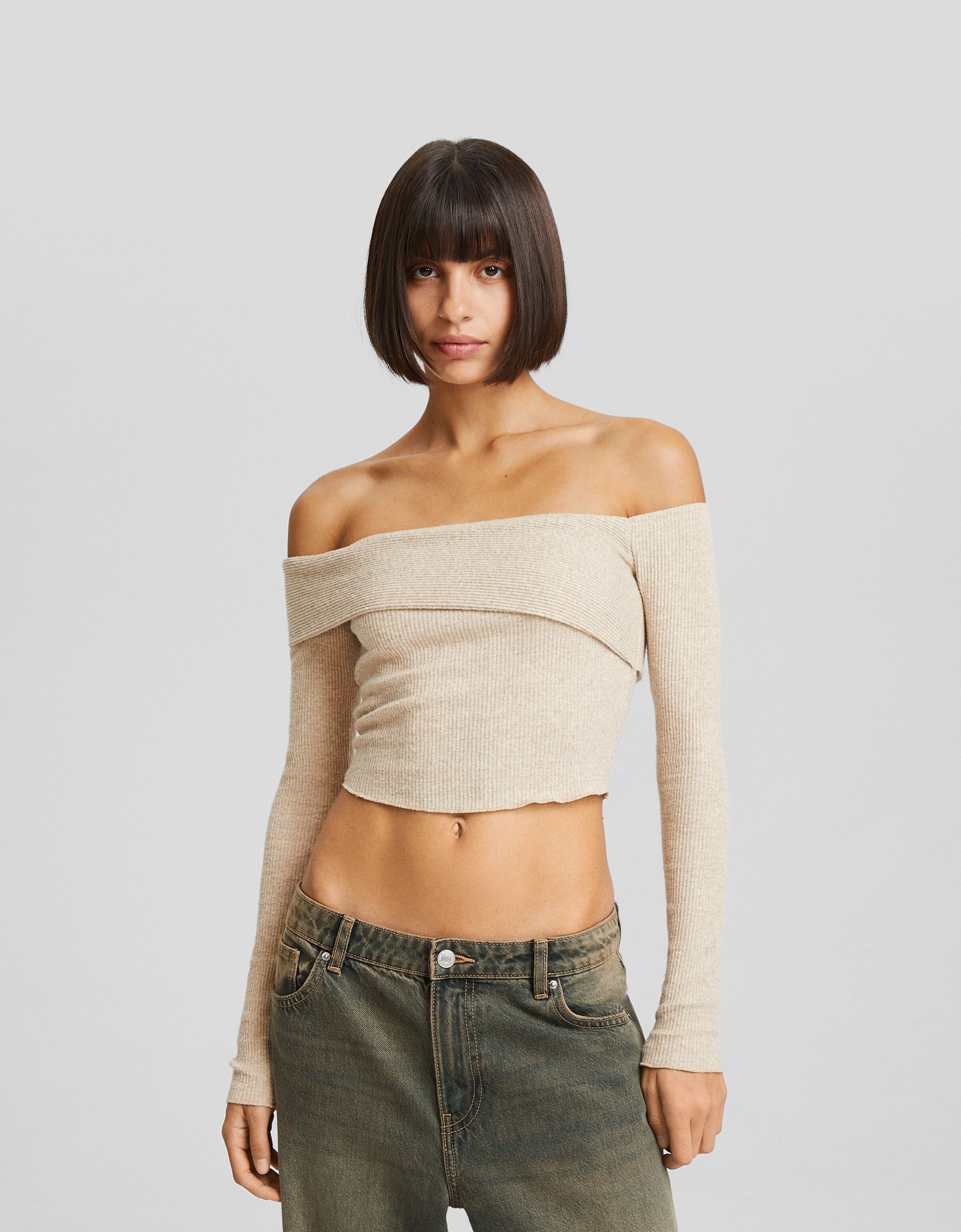 Camiseta manga larga bardot punto asimétrica