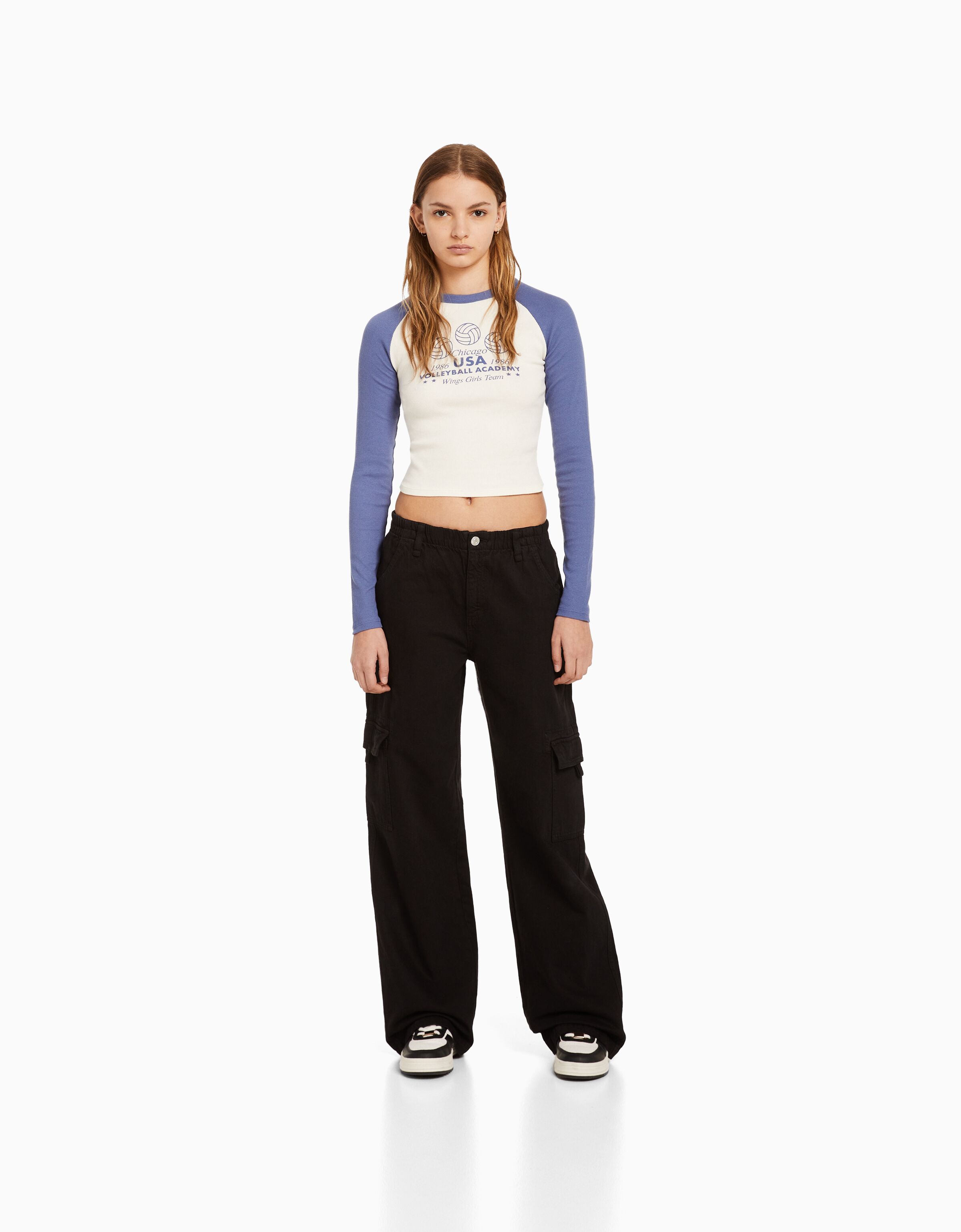 Pantalón cargo straight sarga goma cintura