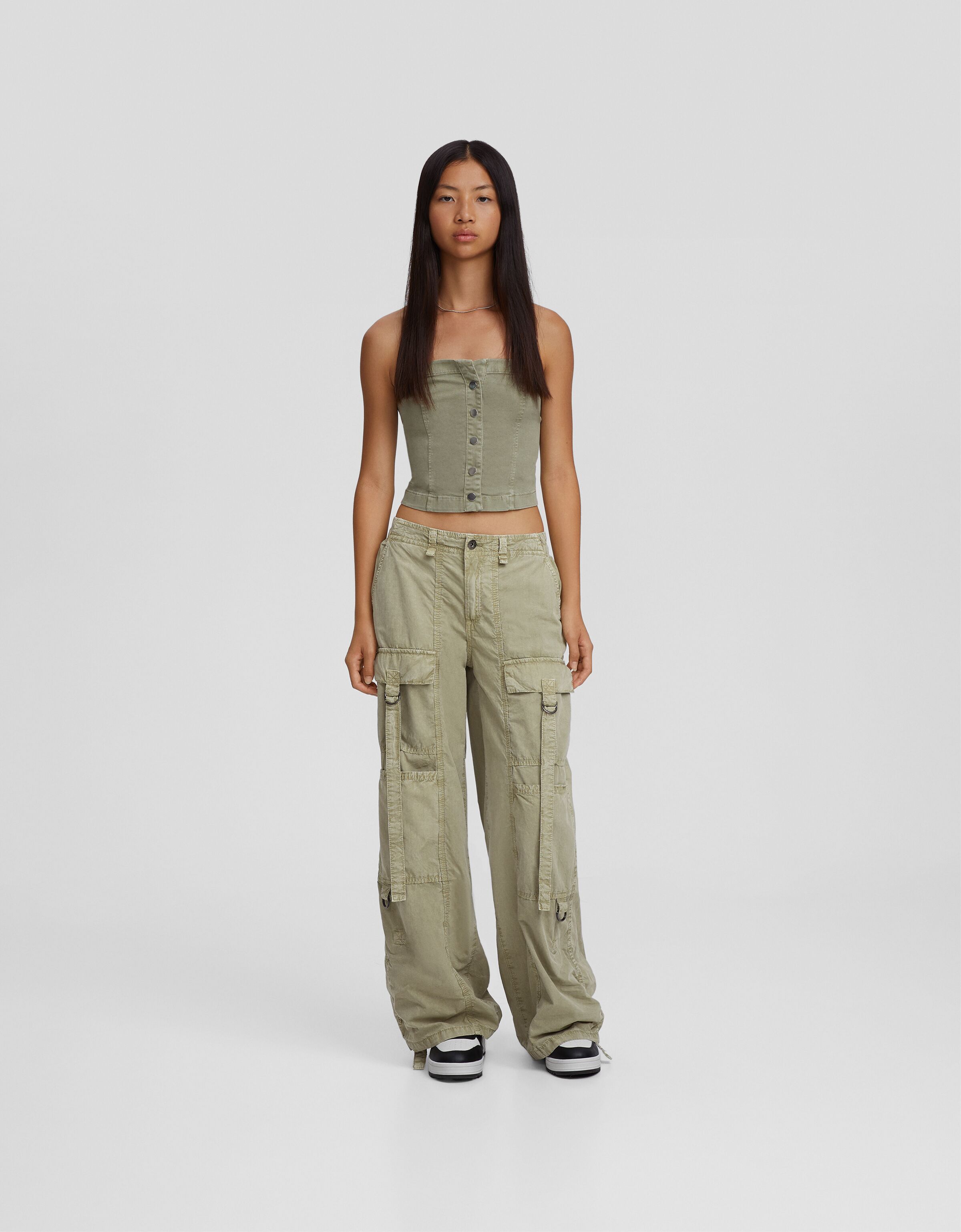 Pantalón straight capri popelín efecto lavado