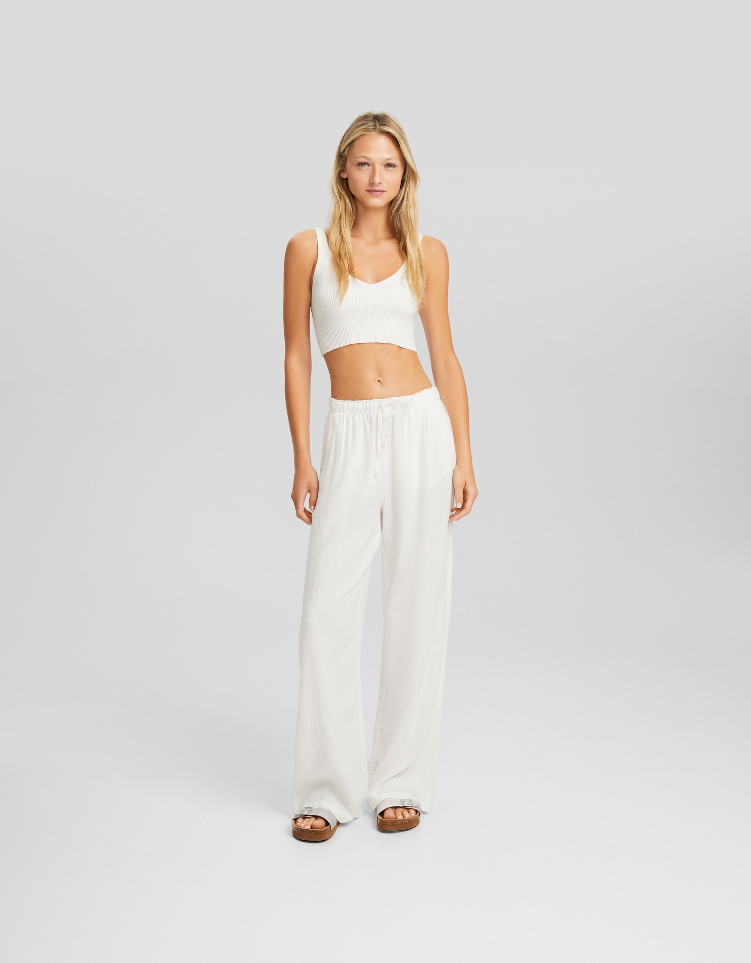 Pantalón wide leg con lino cintura frunce