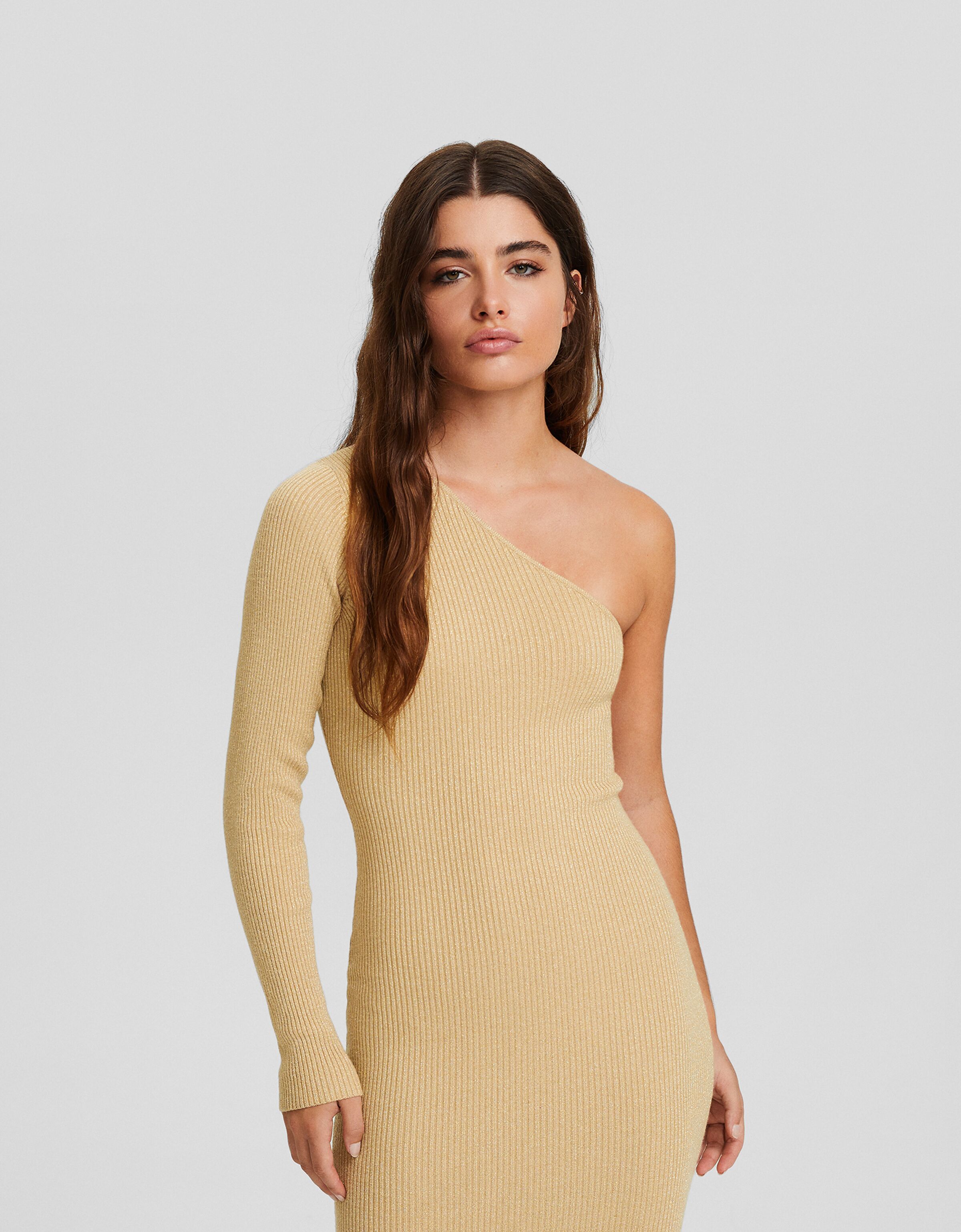 Vestido midi manga larga punto asimétrico brillo