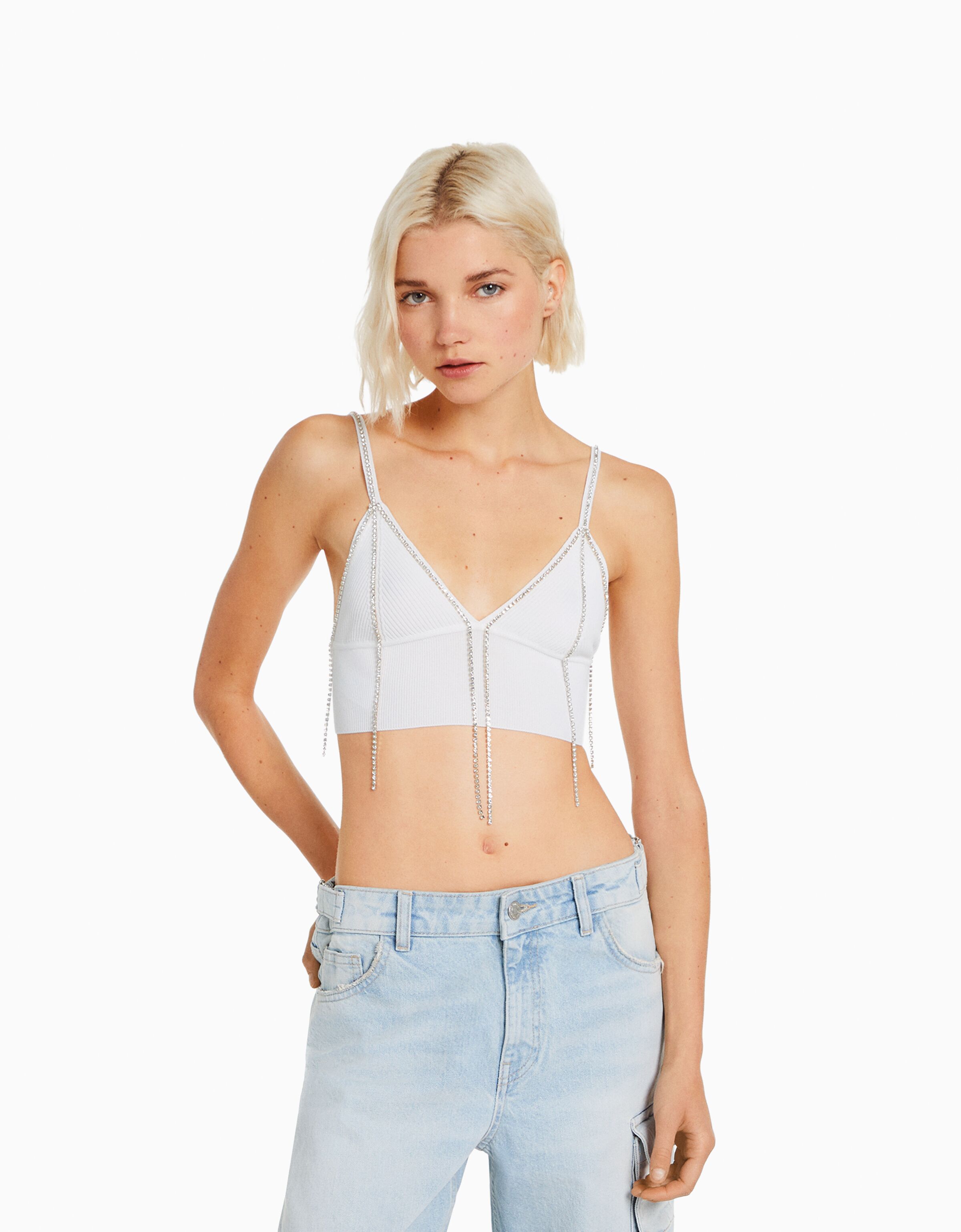 Top tirantes cropped punto tiras strass