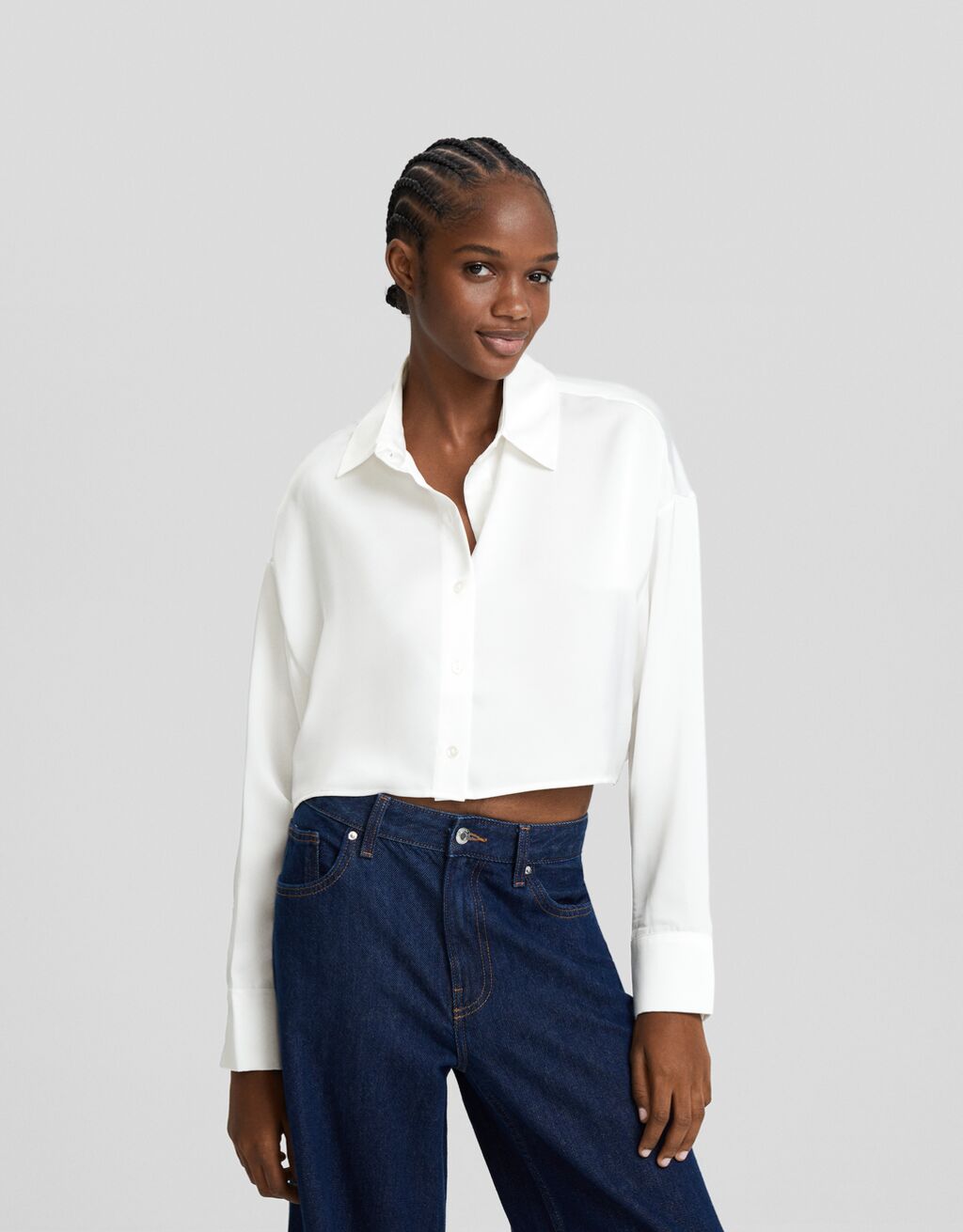 Camisa manga larga cropped satinada