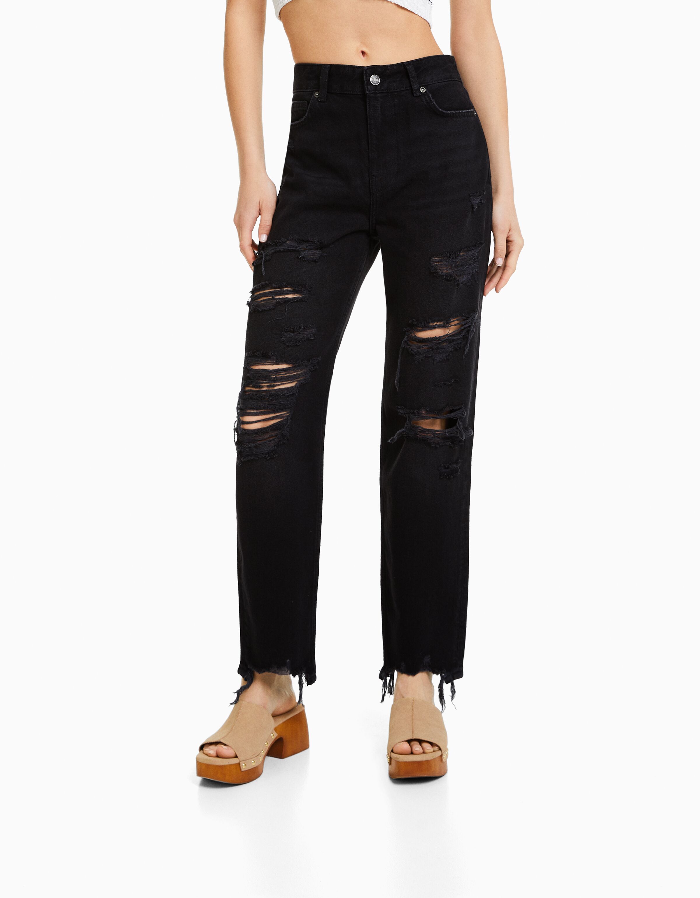 Jeans straight cropped rotos