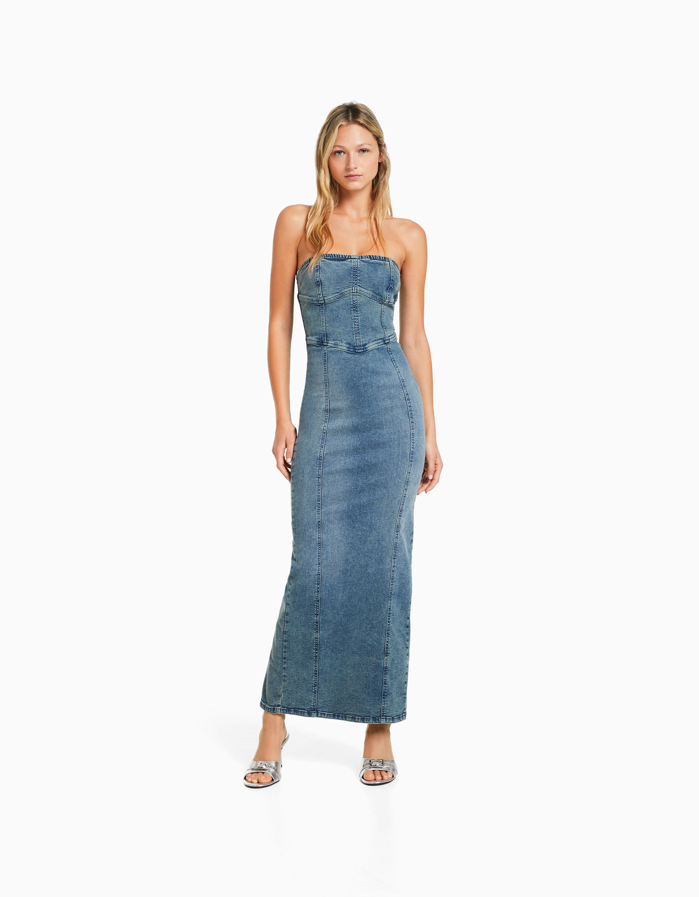 Vestido denim largo bandeau