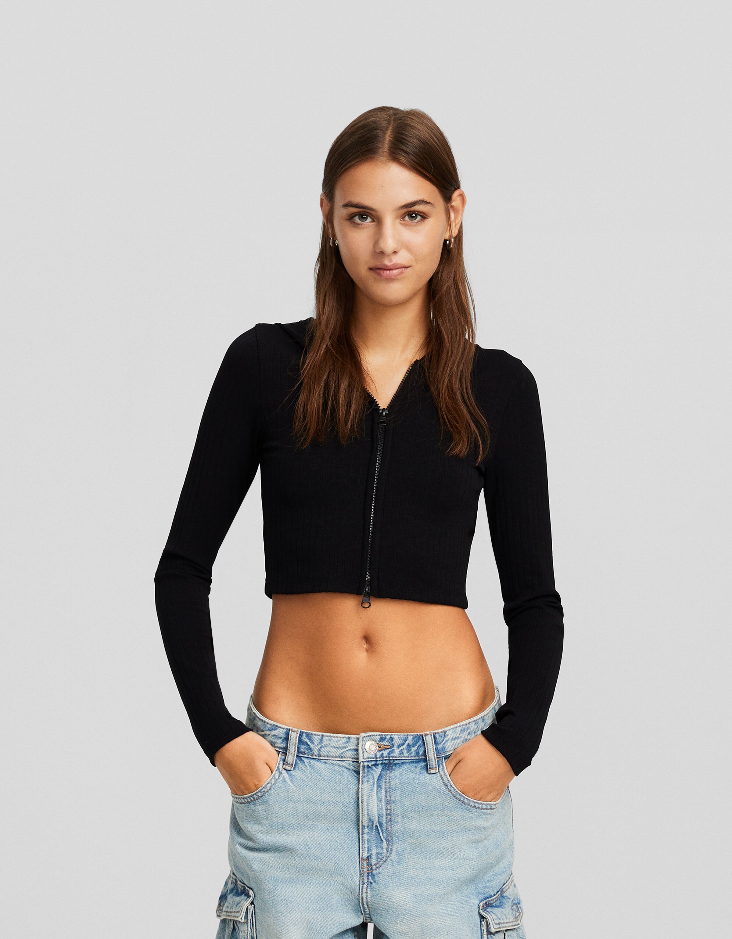 Cárdigan capucha cremallera rib