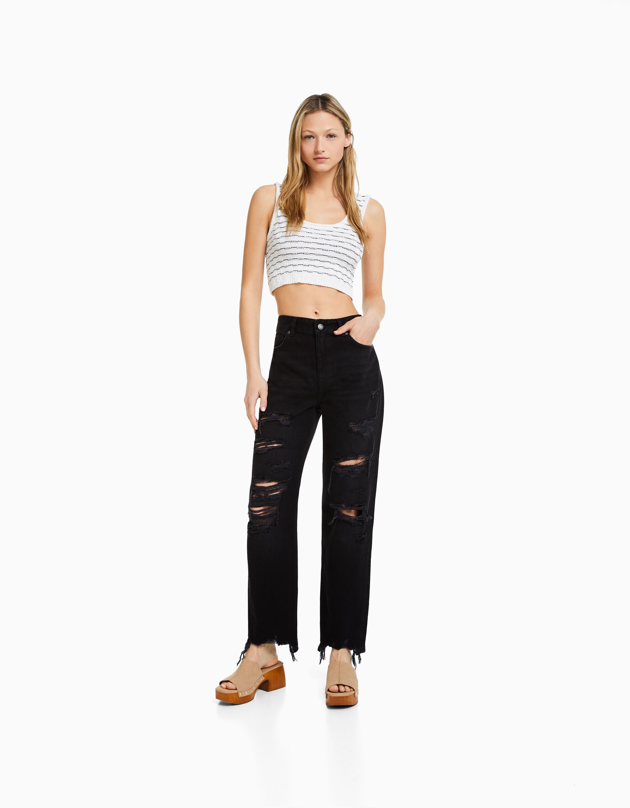 Jeans straight cropped rotos