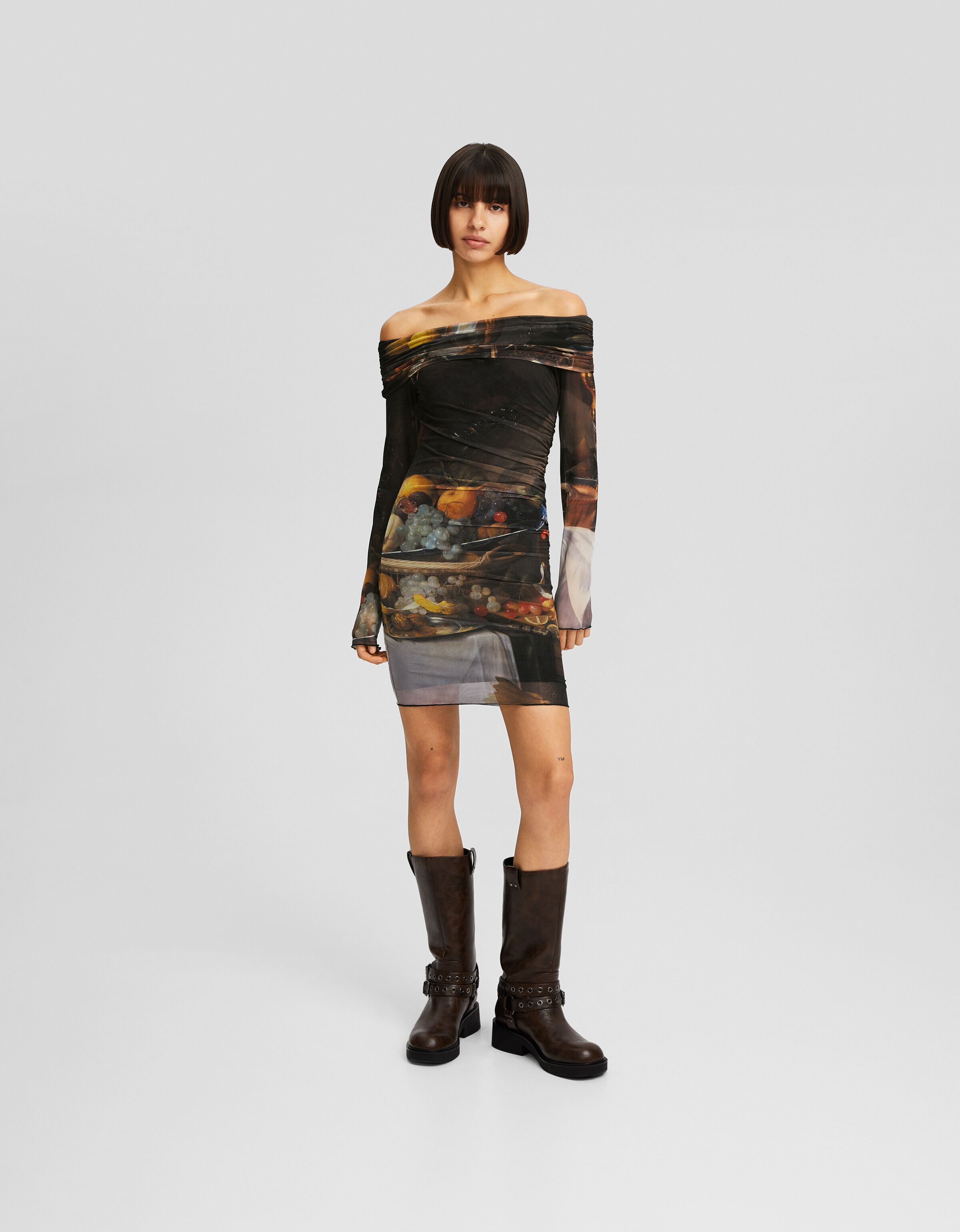 Vestido Jan Davidszoon de Heem mini manga larga bardot tul print