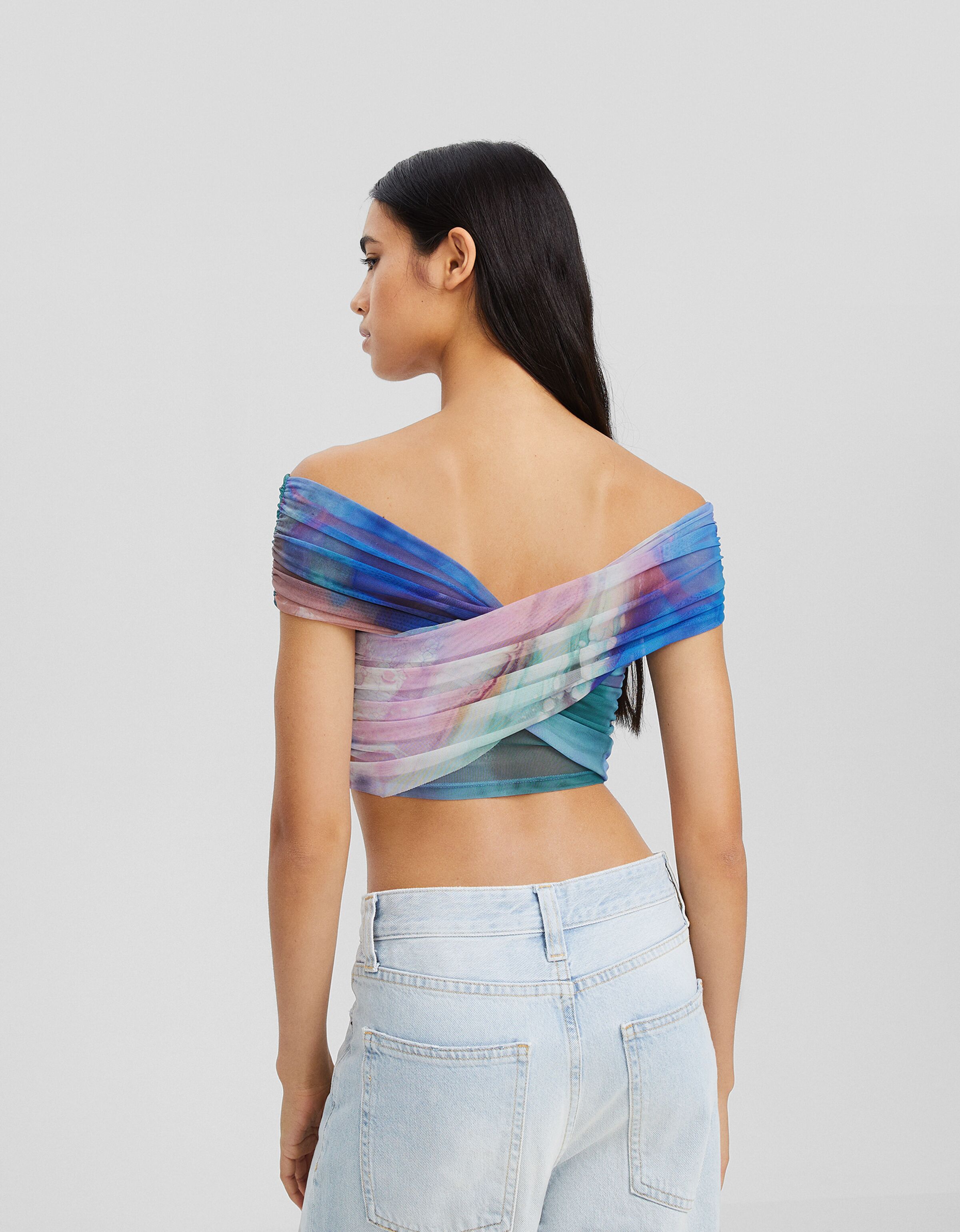 Top manga corta tul cruzado print