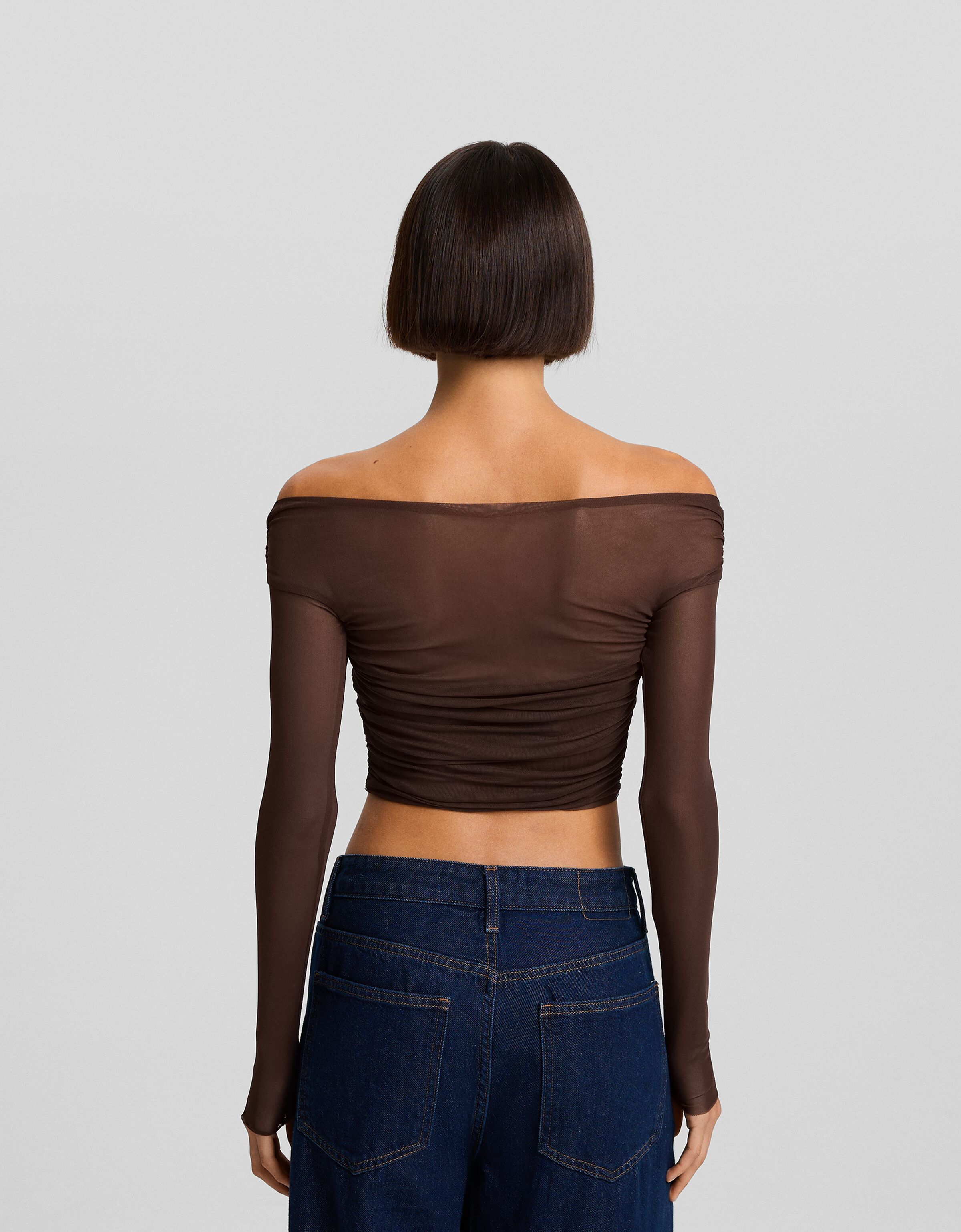 Camiseta manga larga tul drapeada cruzada