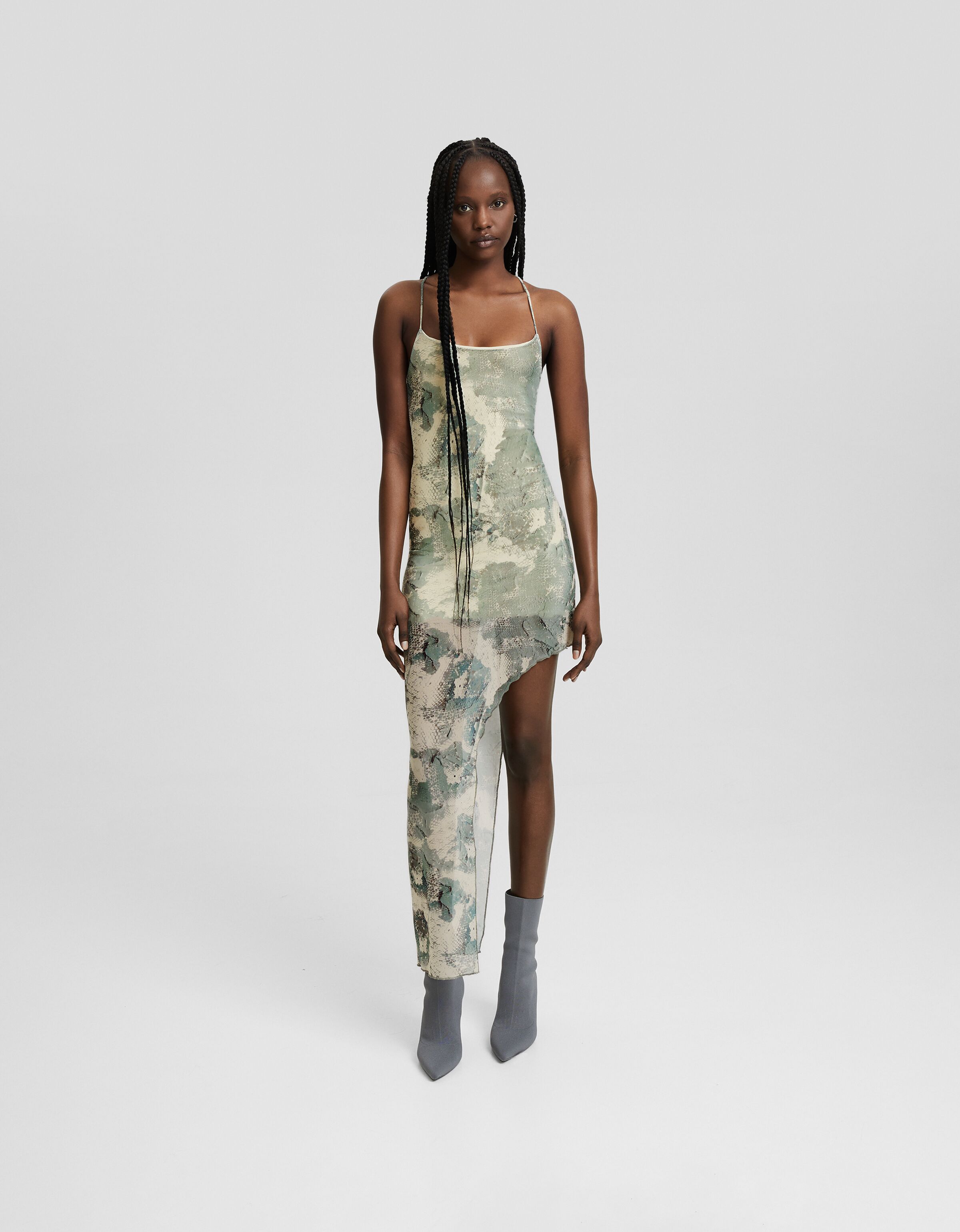 Vestido midi tul asimétrico animal print