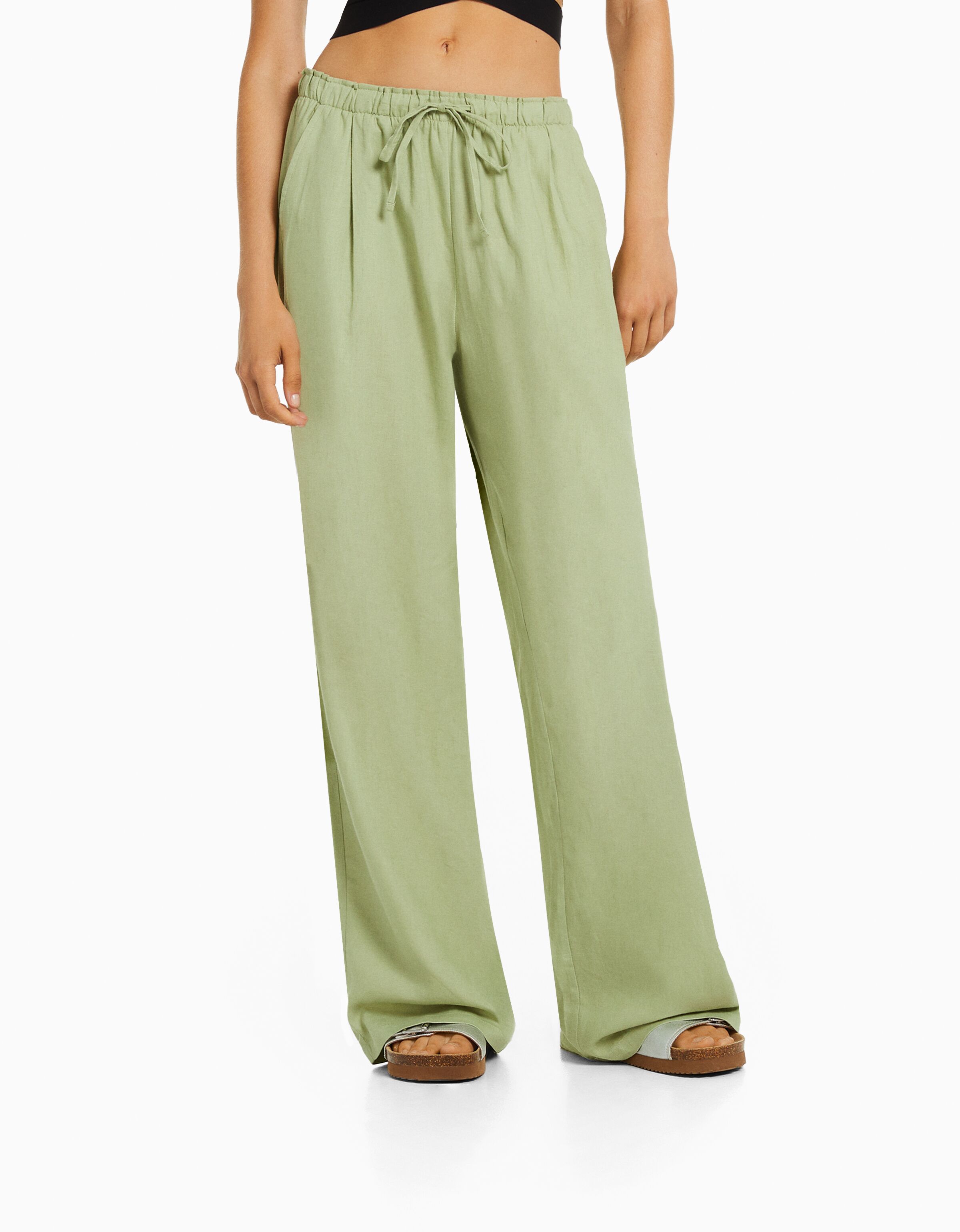 Pantalón wide leg con lino cintura frunce