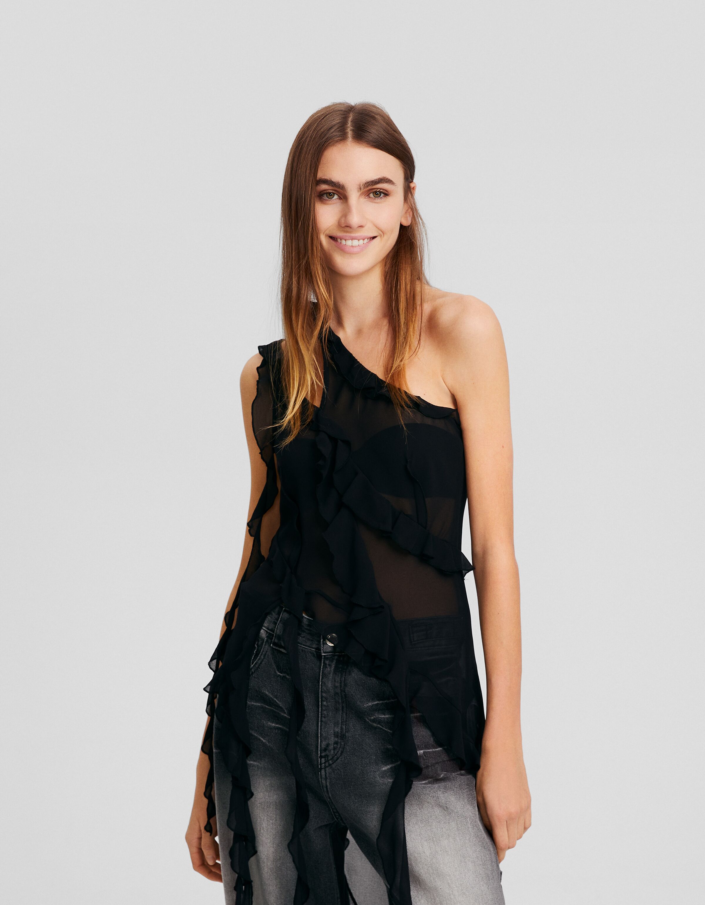 Blusa asimétrica chifón volantes fruncidos