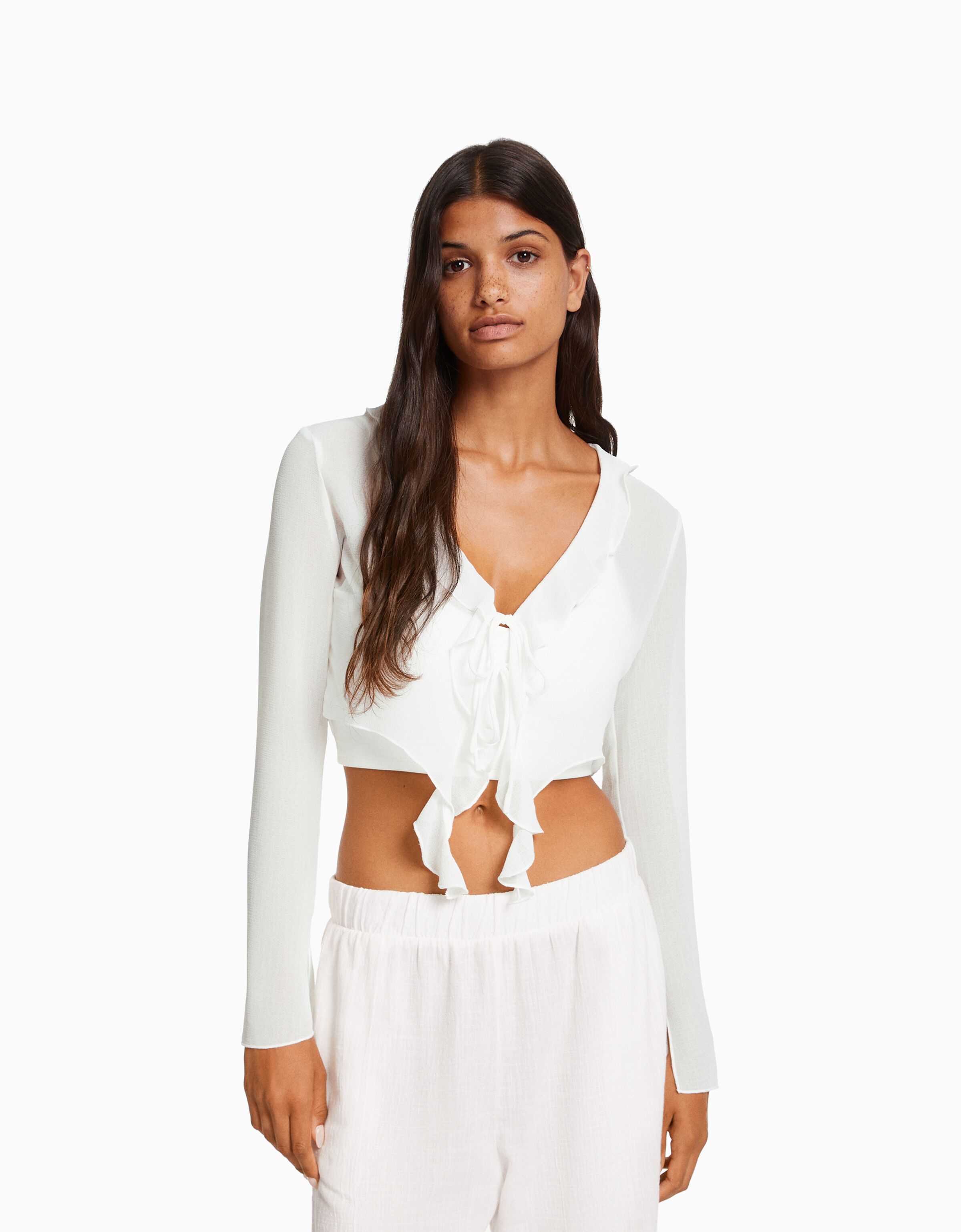 Blusa manga larga volantes chifón