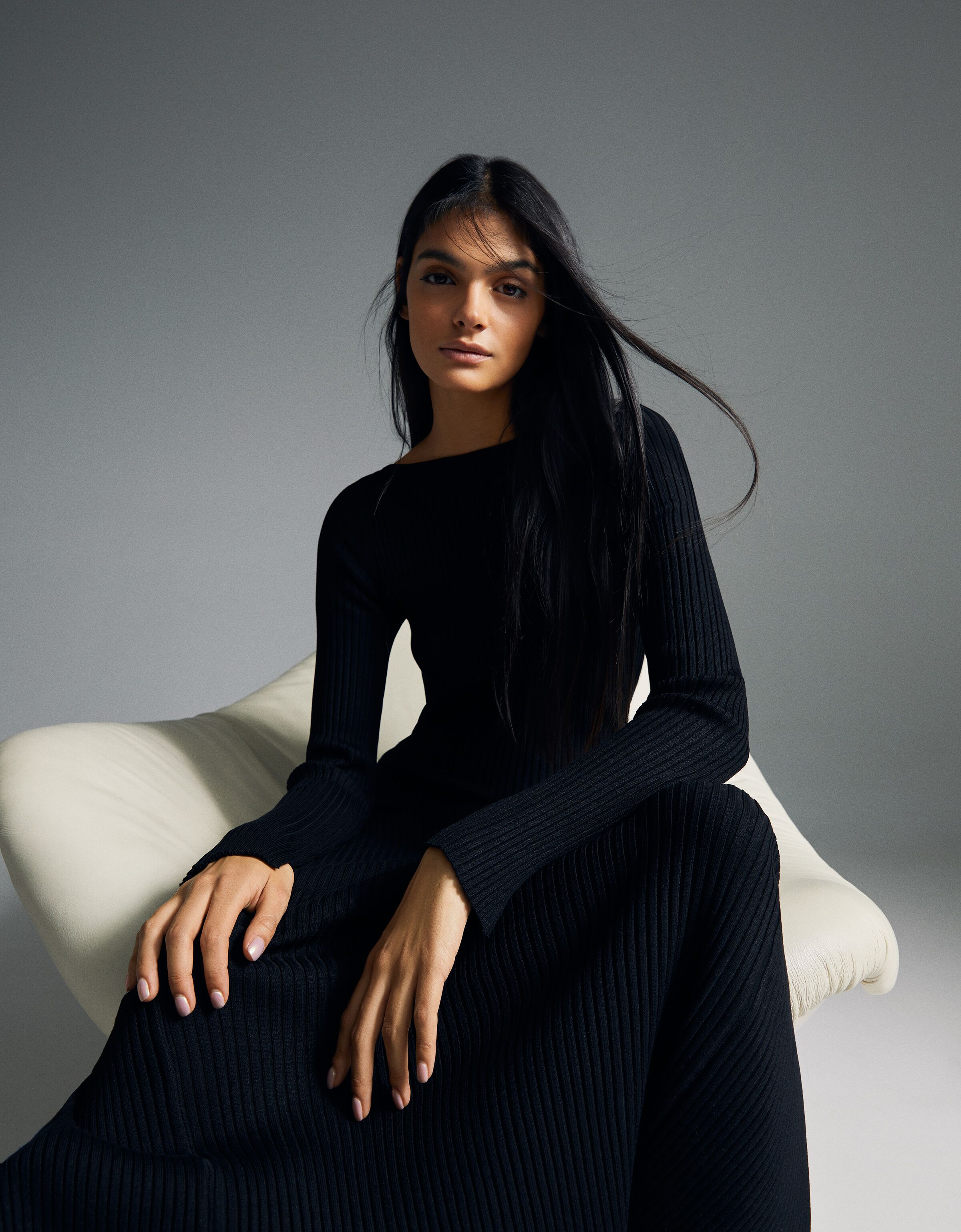 Vestido midi manga larga punto rib