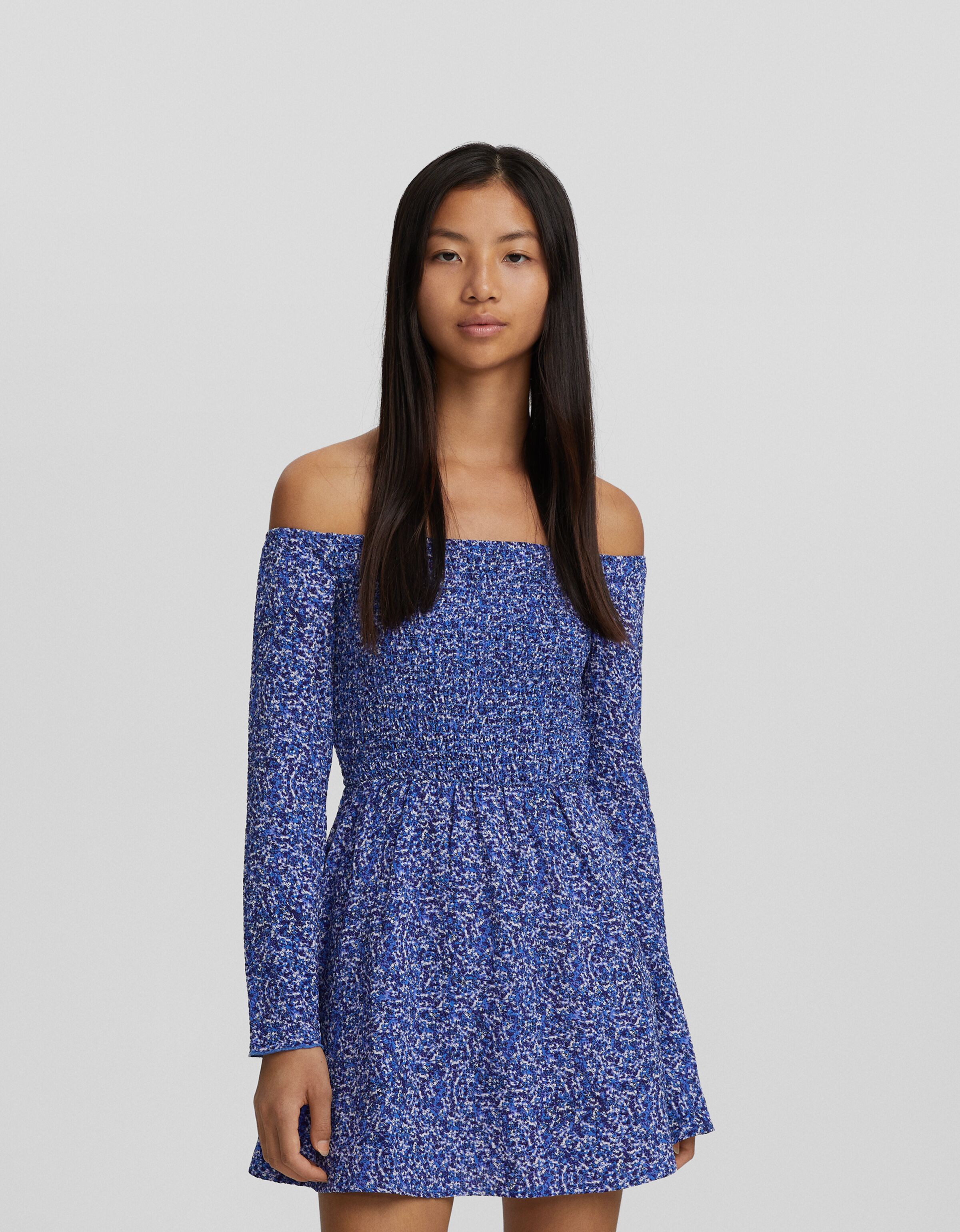 Vestido mini manga larga bardot print floral