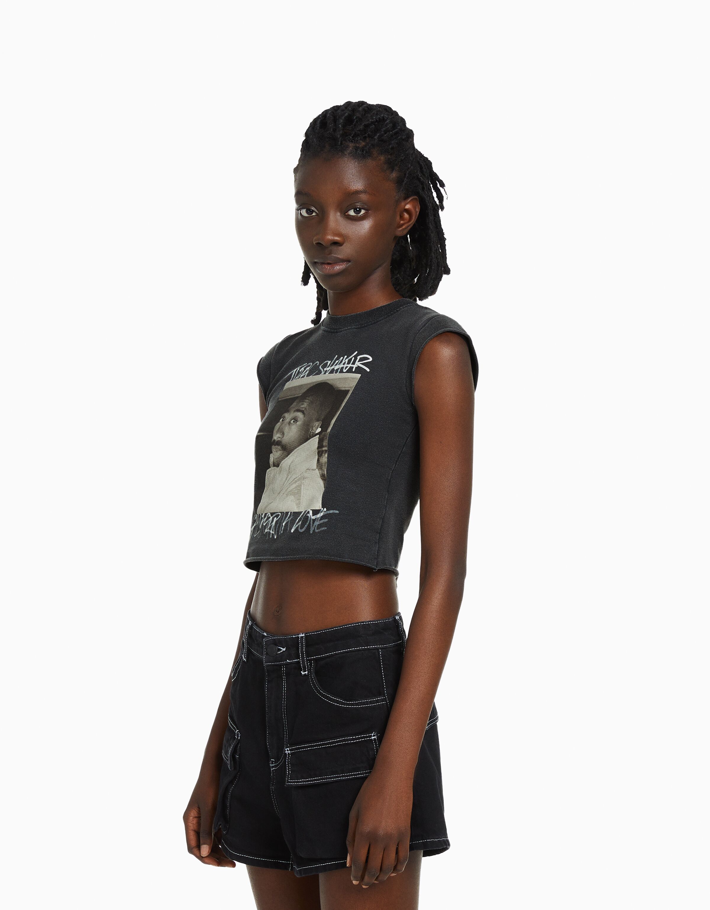 Camiseta Tupac sin mangas cropped print