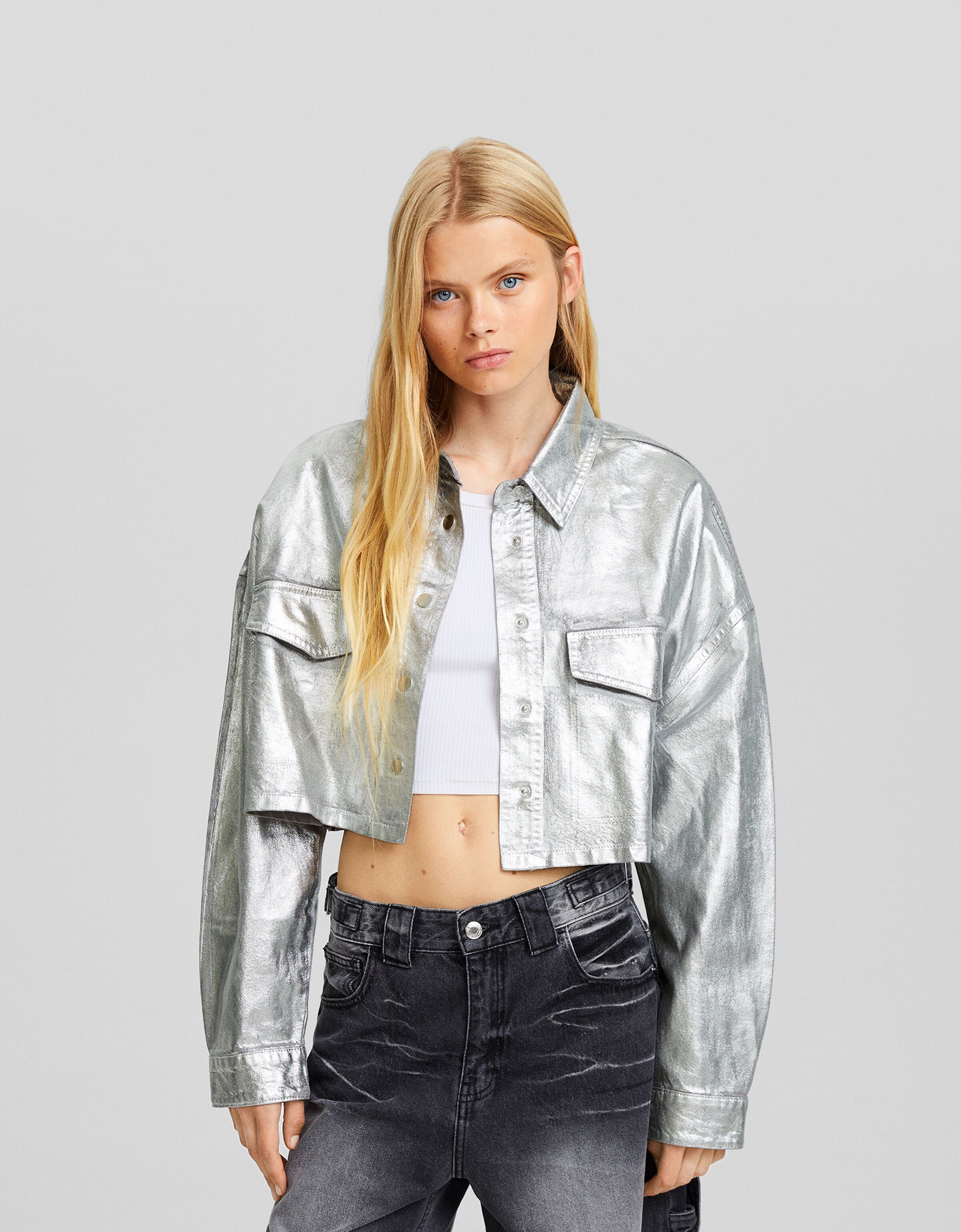 Camisa manga larga sarga metalizada efecto lavado