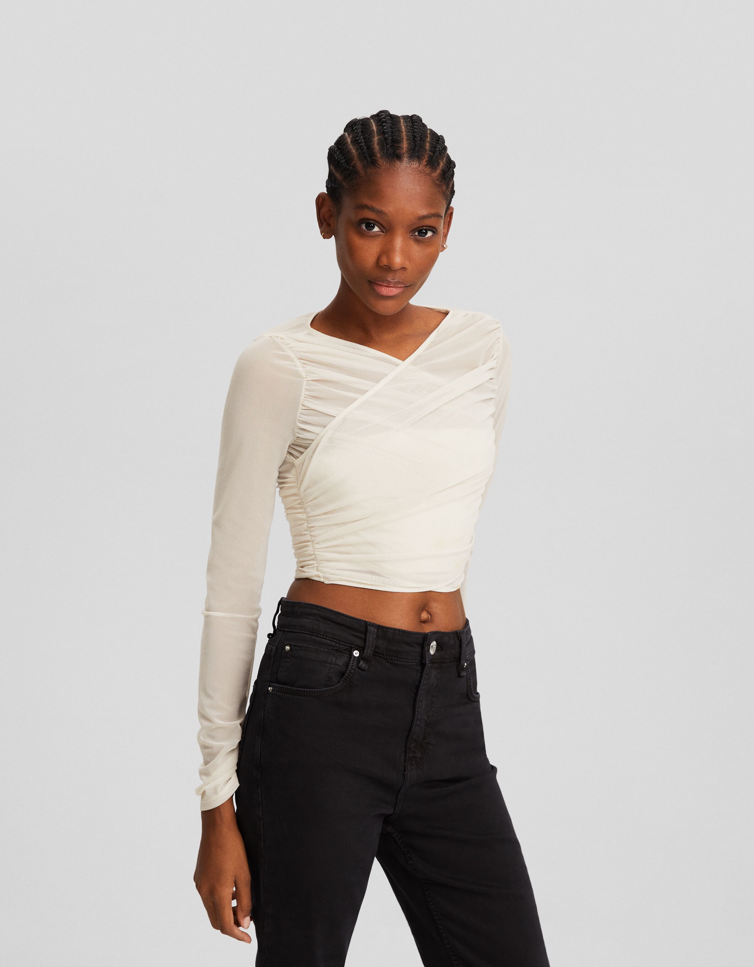 Camiseta manga larga tul fruncido