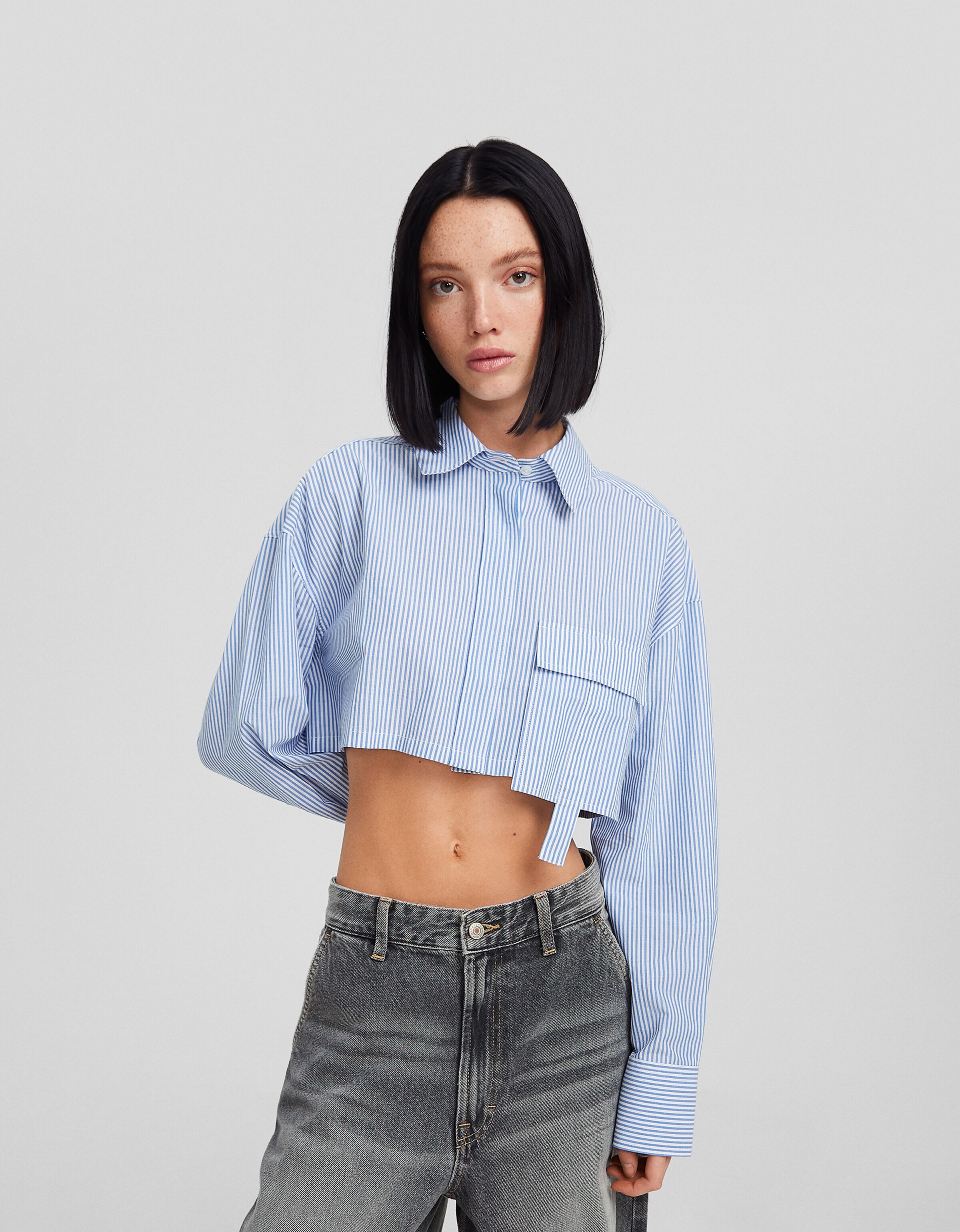Camisa manga larga cropped popelín tiras
