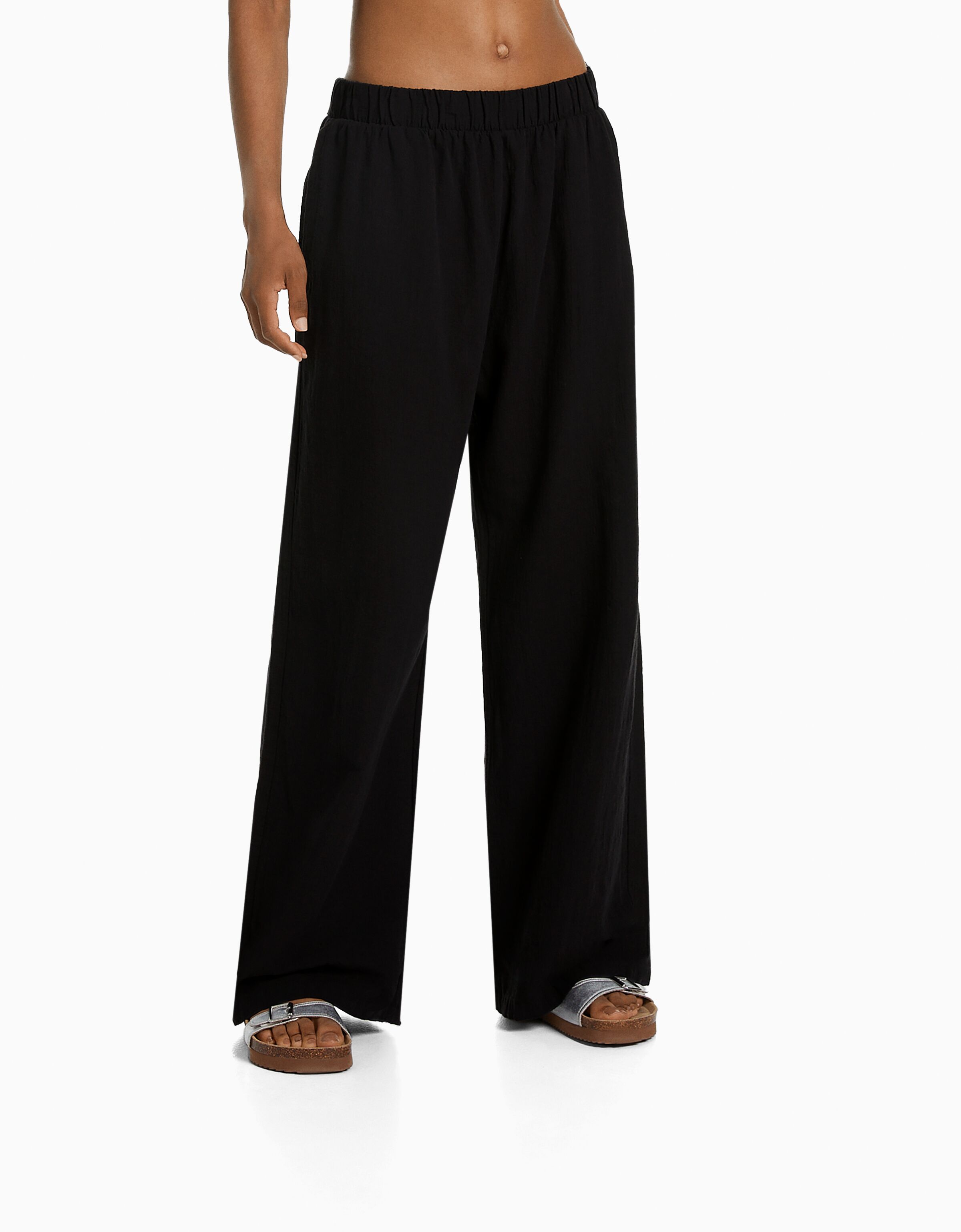 Pantalón wide leg algodón rústico