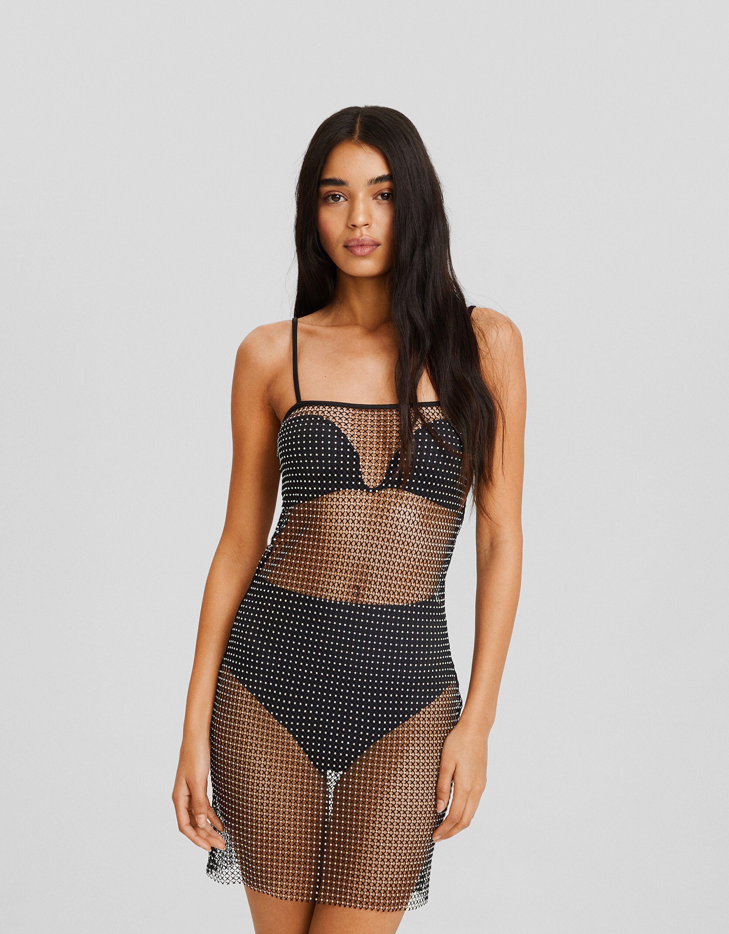 Vestido mini tirantes malla strass