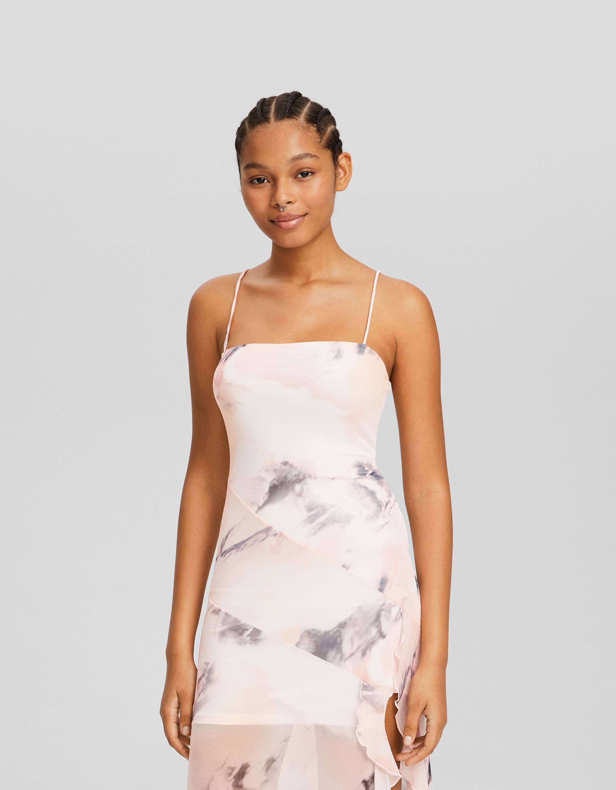 Vestido midi tirantes tul volantes print