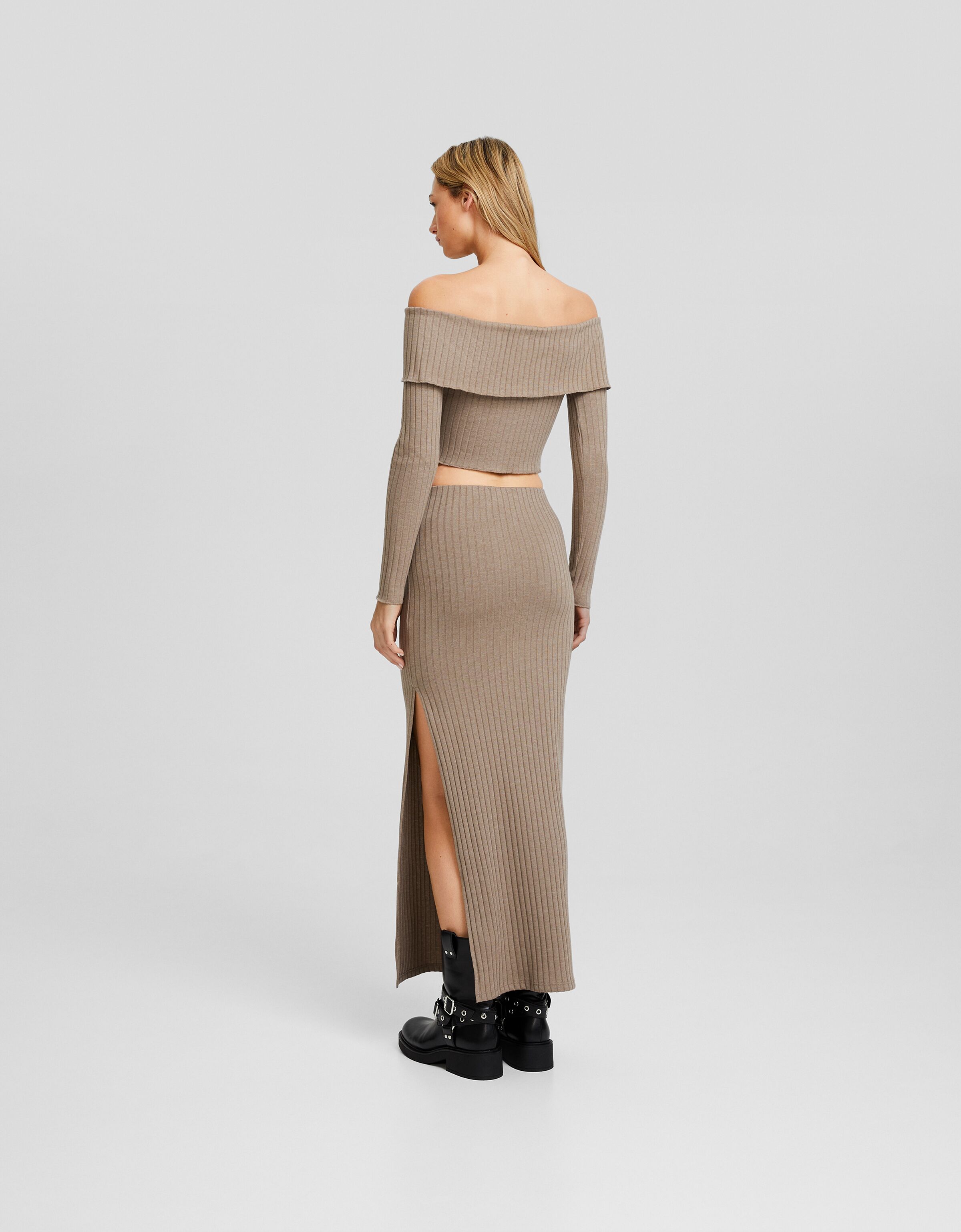 Camiseta manga larga bardot rib botones