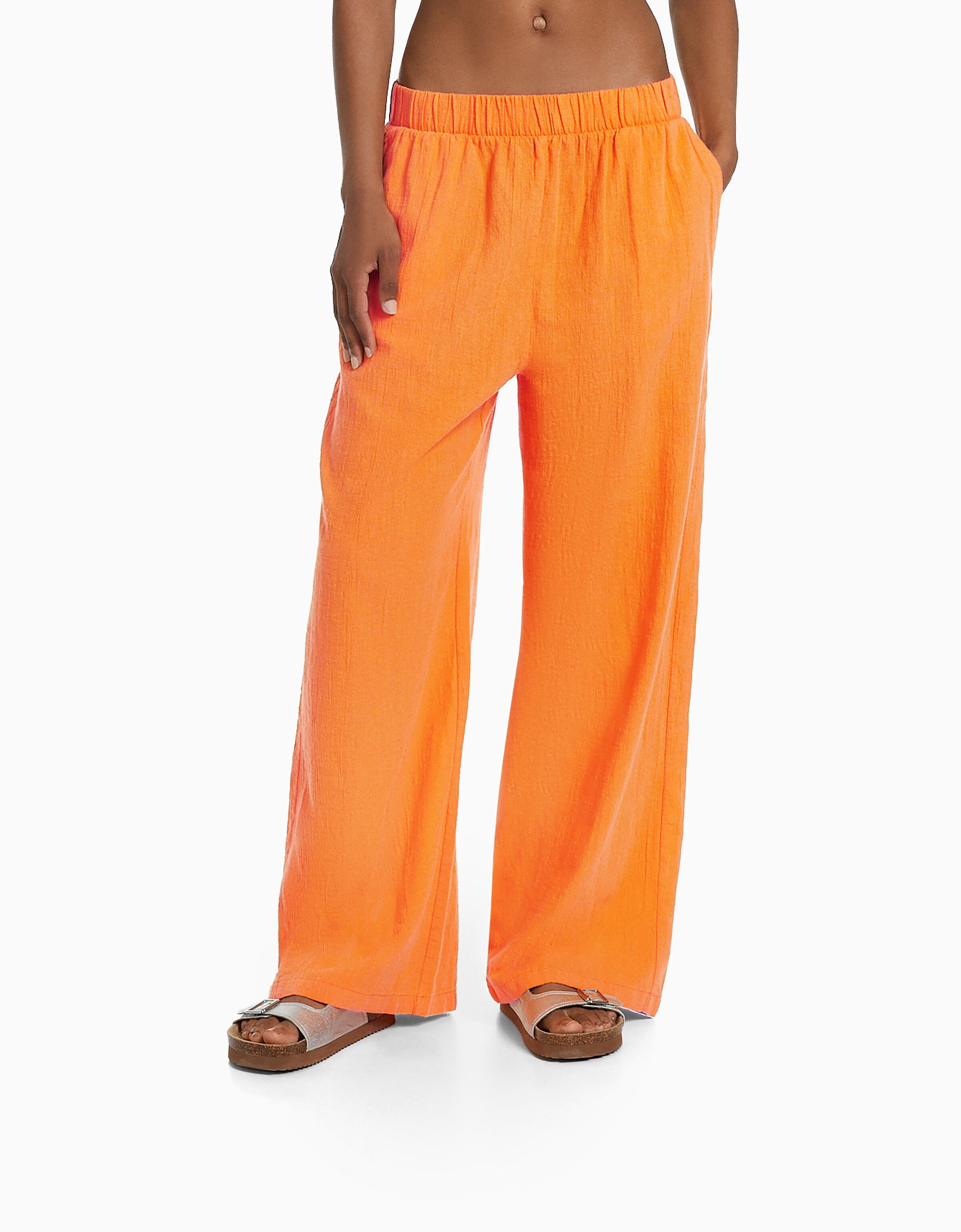 Pantalón wide leg algodón rústico