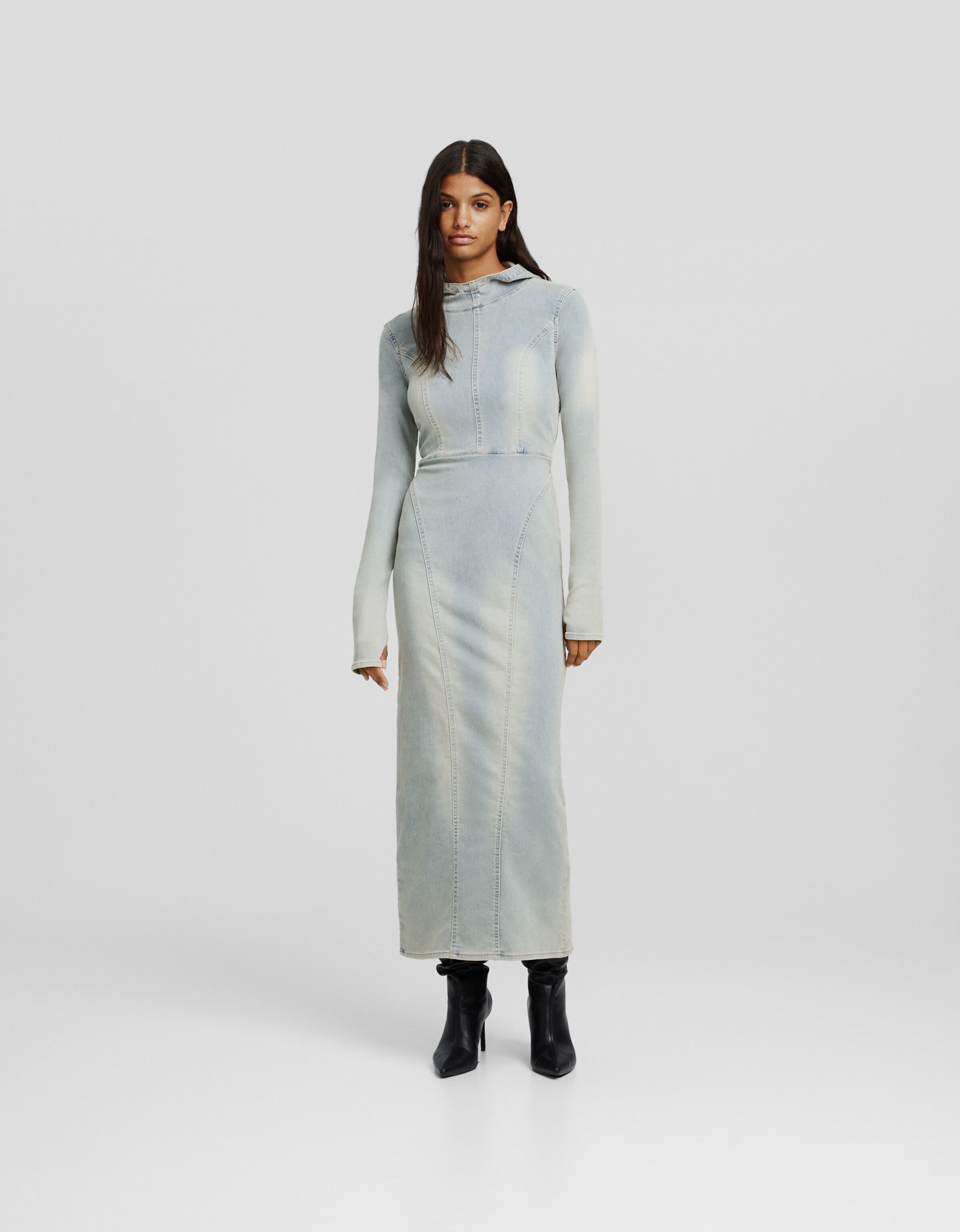 Vestido knit denim largo capucha
