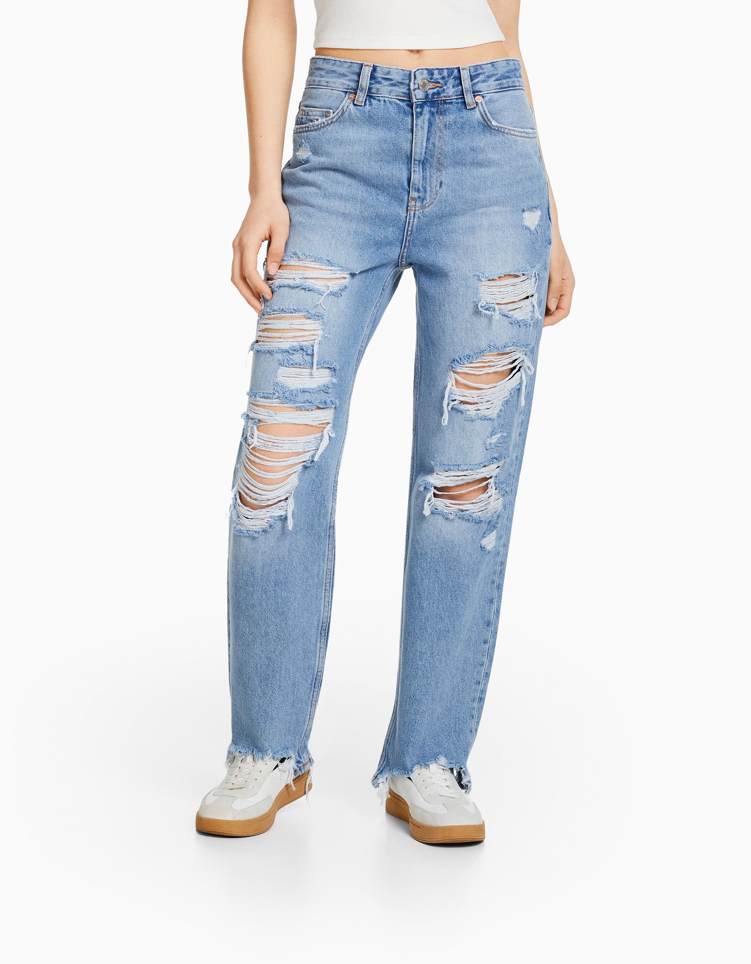 Jeans straight cropped rotos