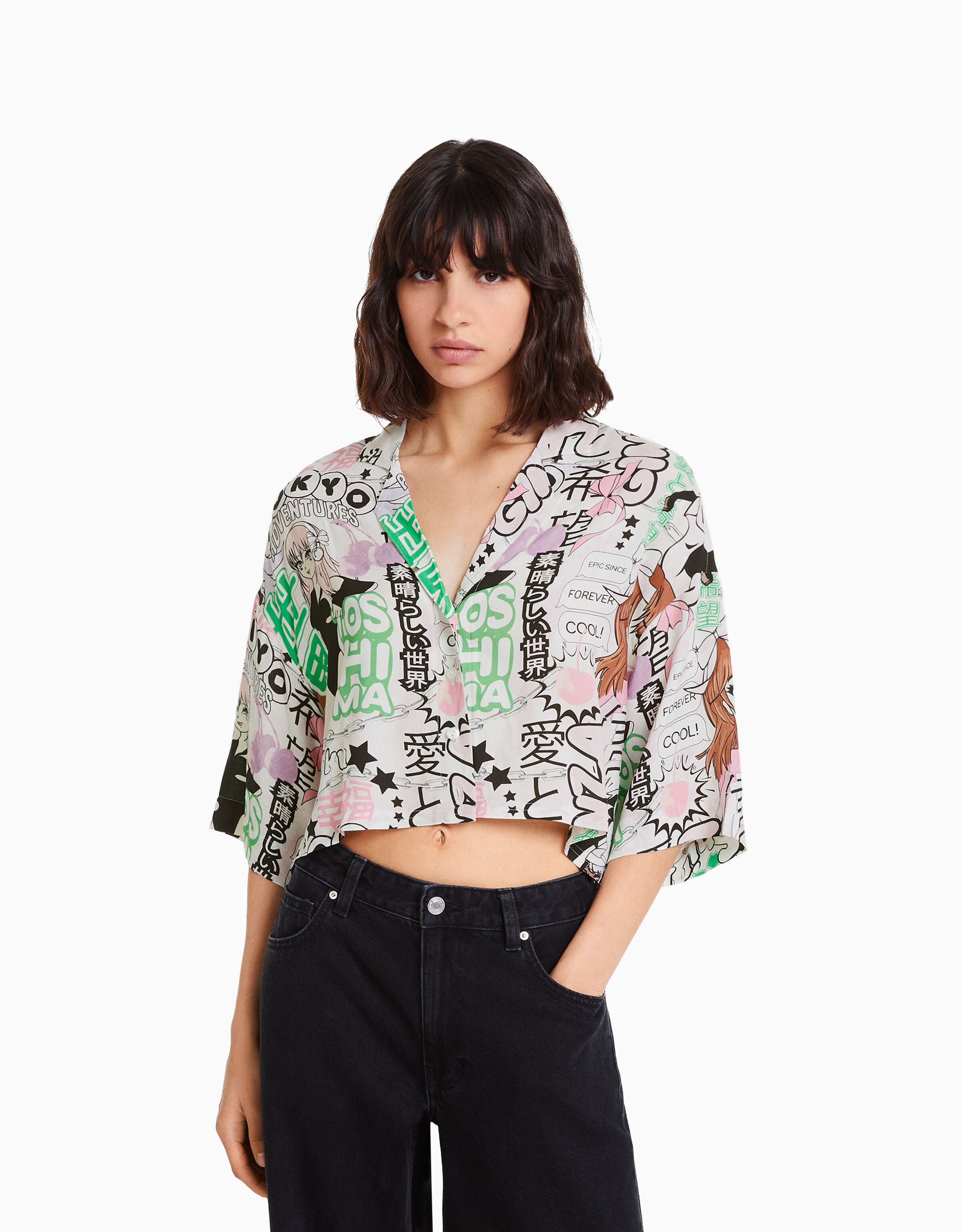 Camisa manga 3/4 cropped print