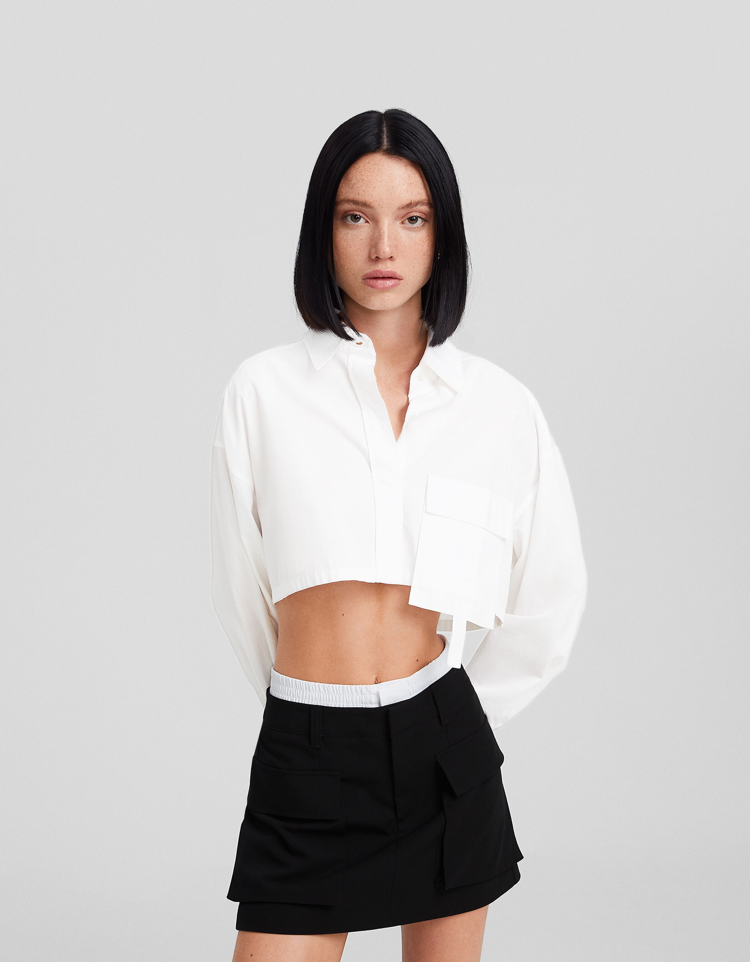 Camisa manga larga cropped popelín tiras