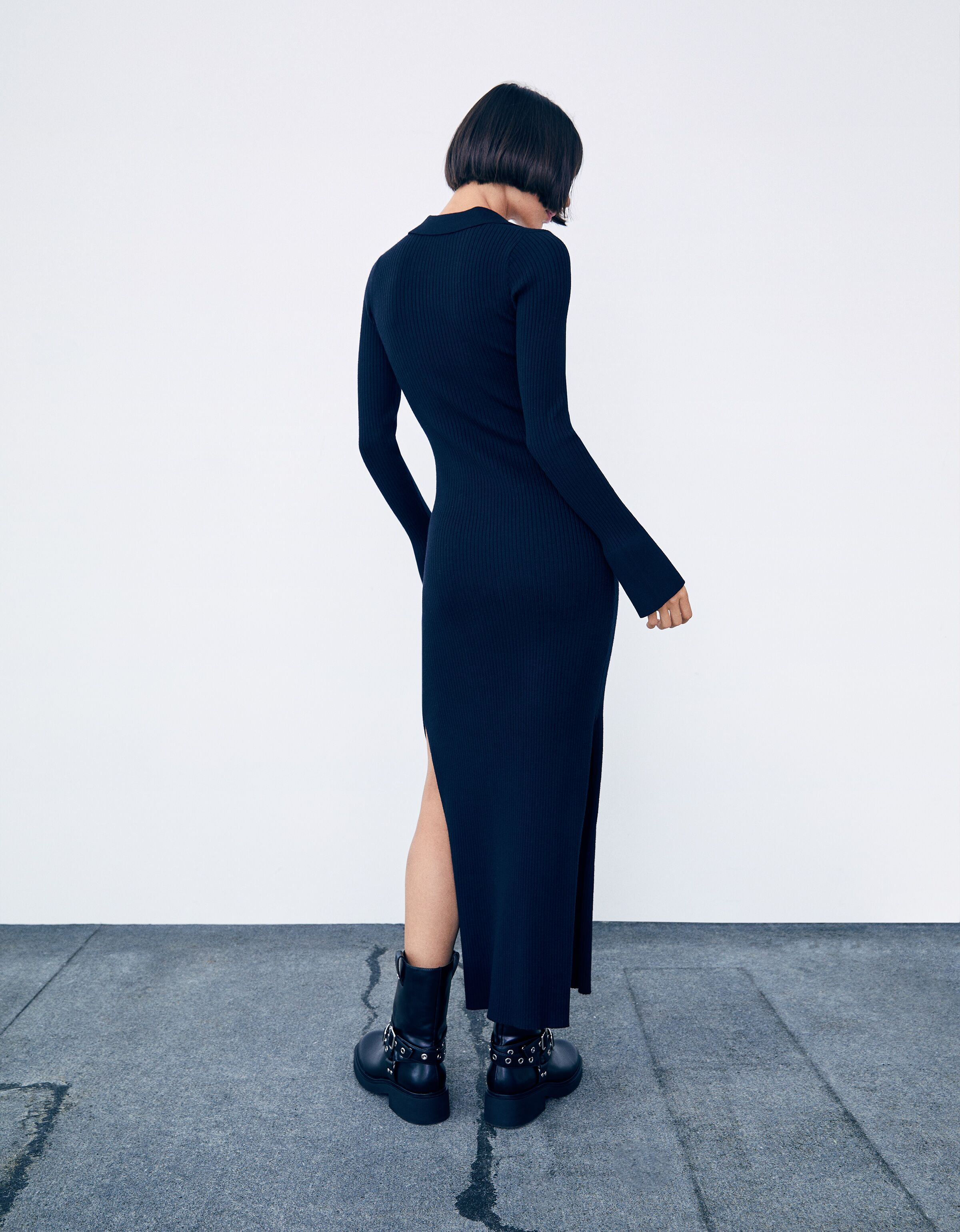 Vestido midi manga larga cuello polo