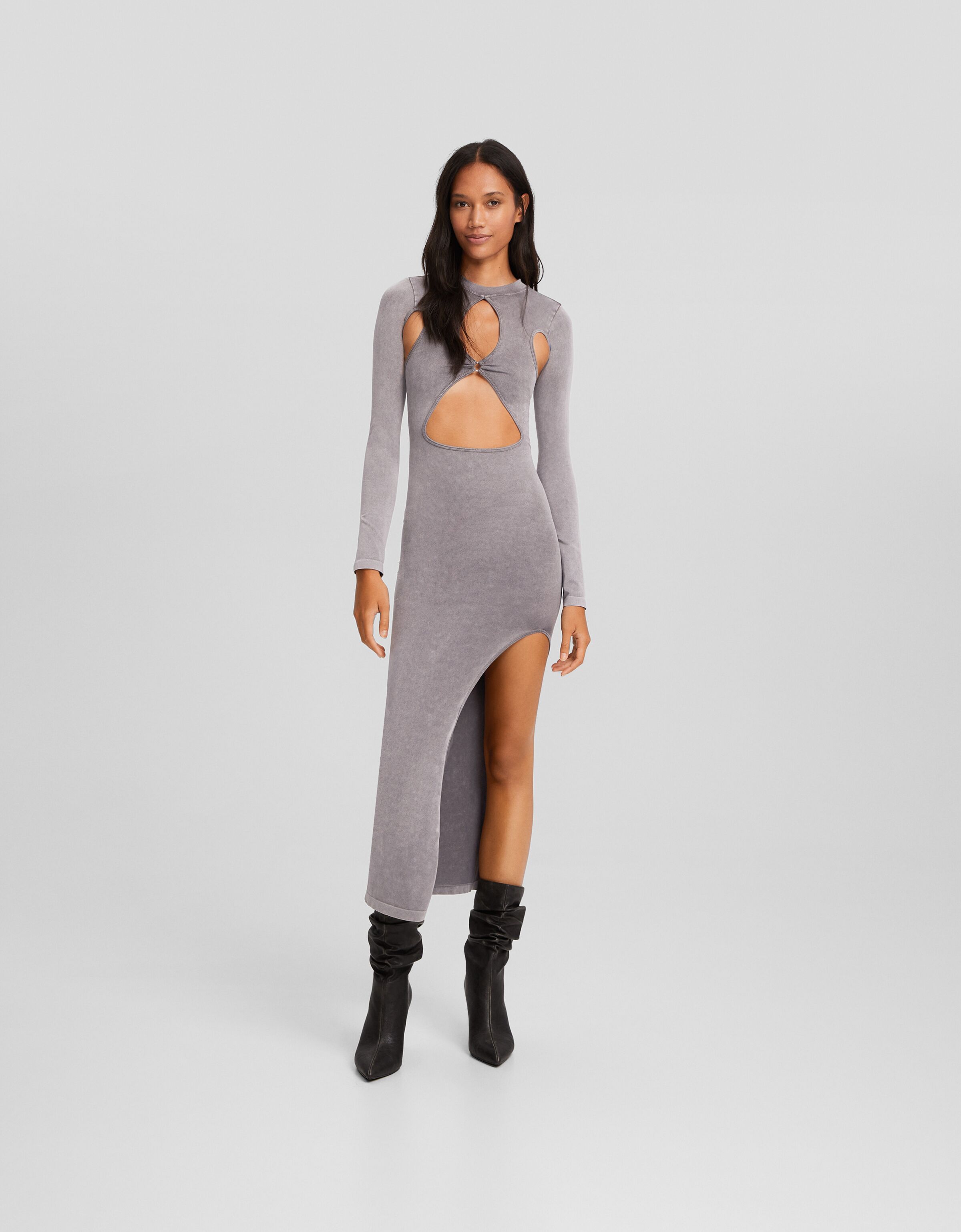 Vestido midi manga larga seamless cut out efecto lavado