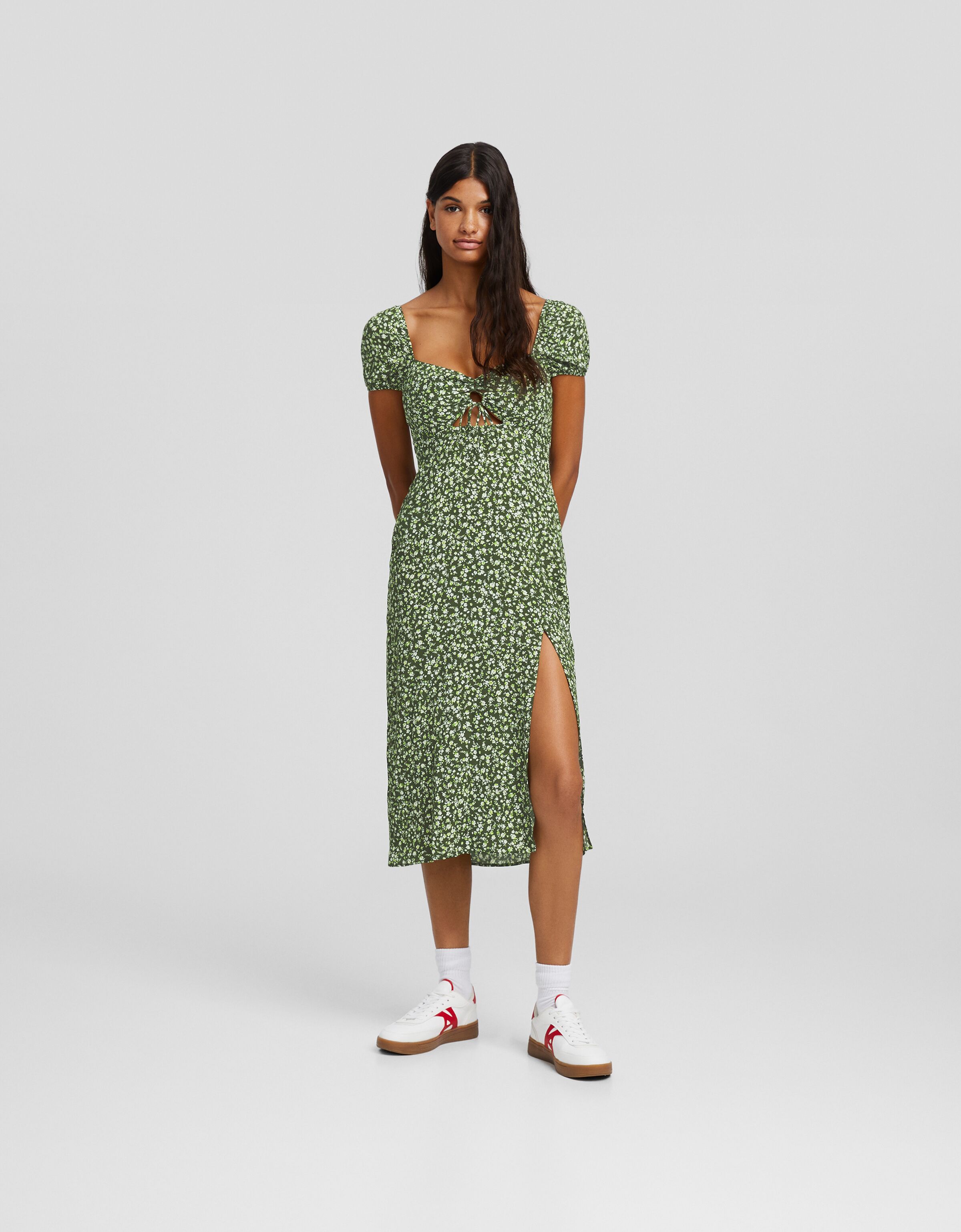 Vestido midi manga corta print cut out