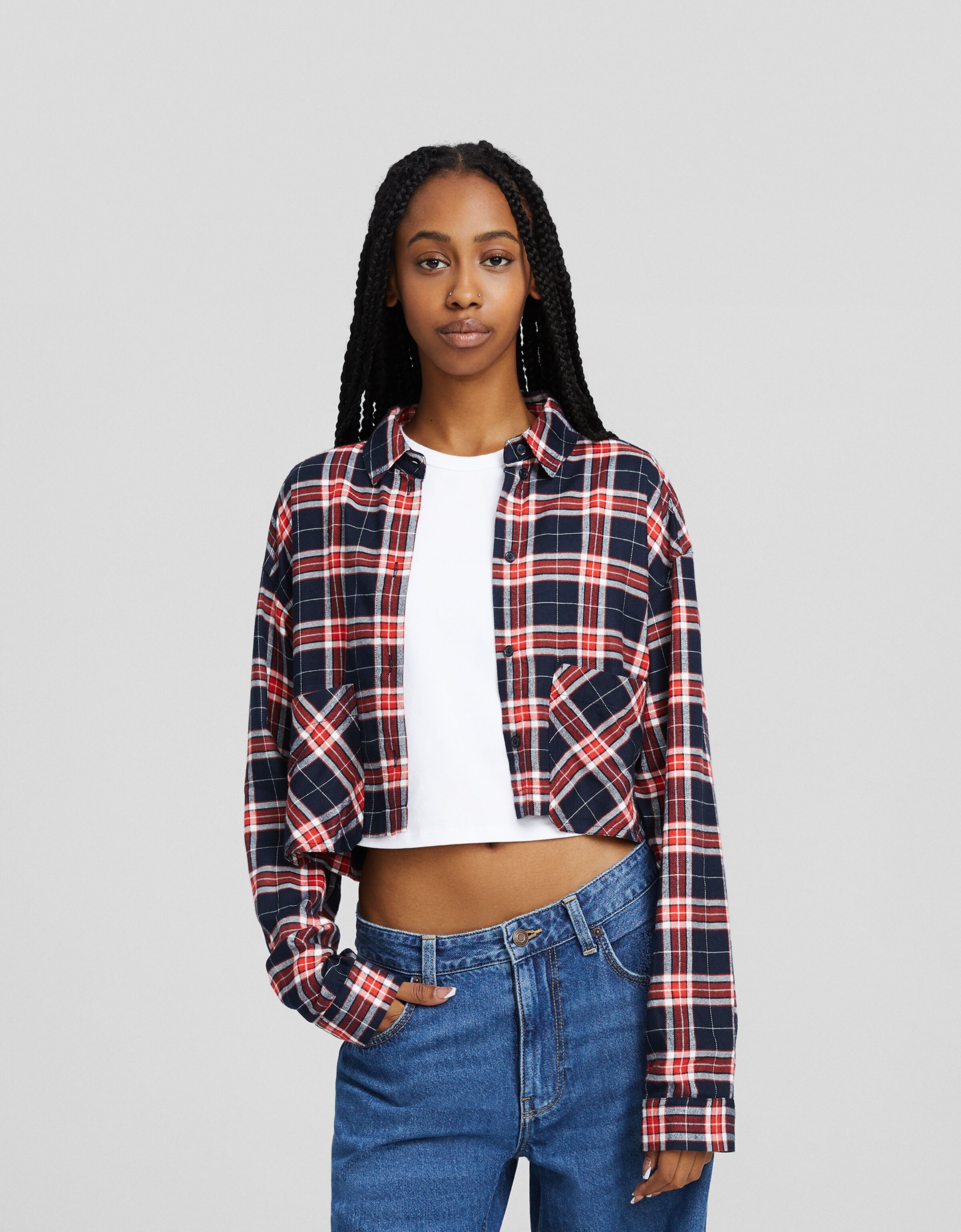 Camisa manga larga cropped cuadros