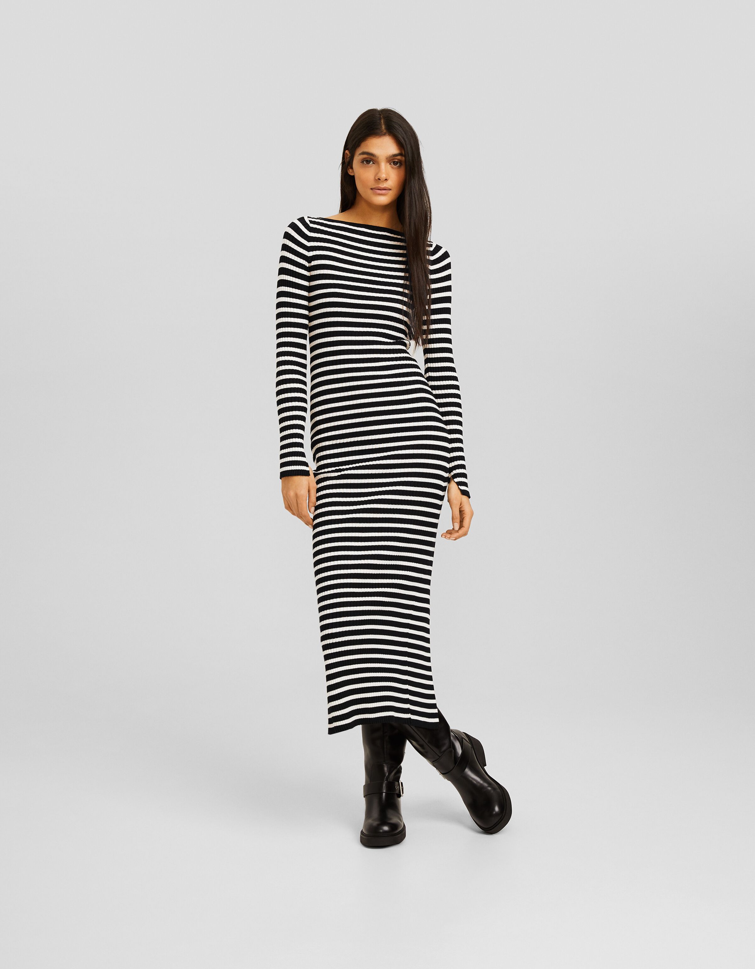 Vestido midi manga larga escote barco punto rib