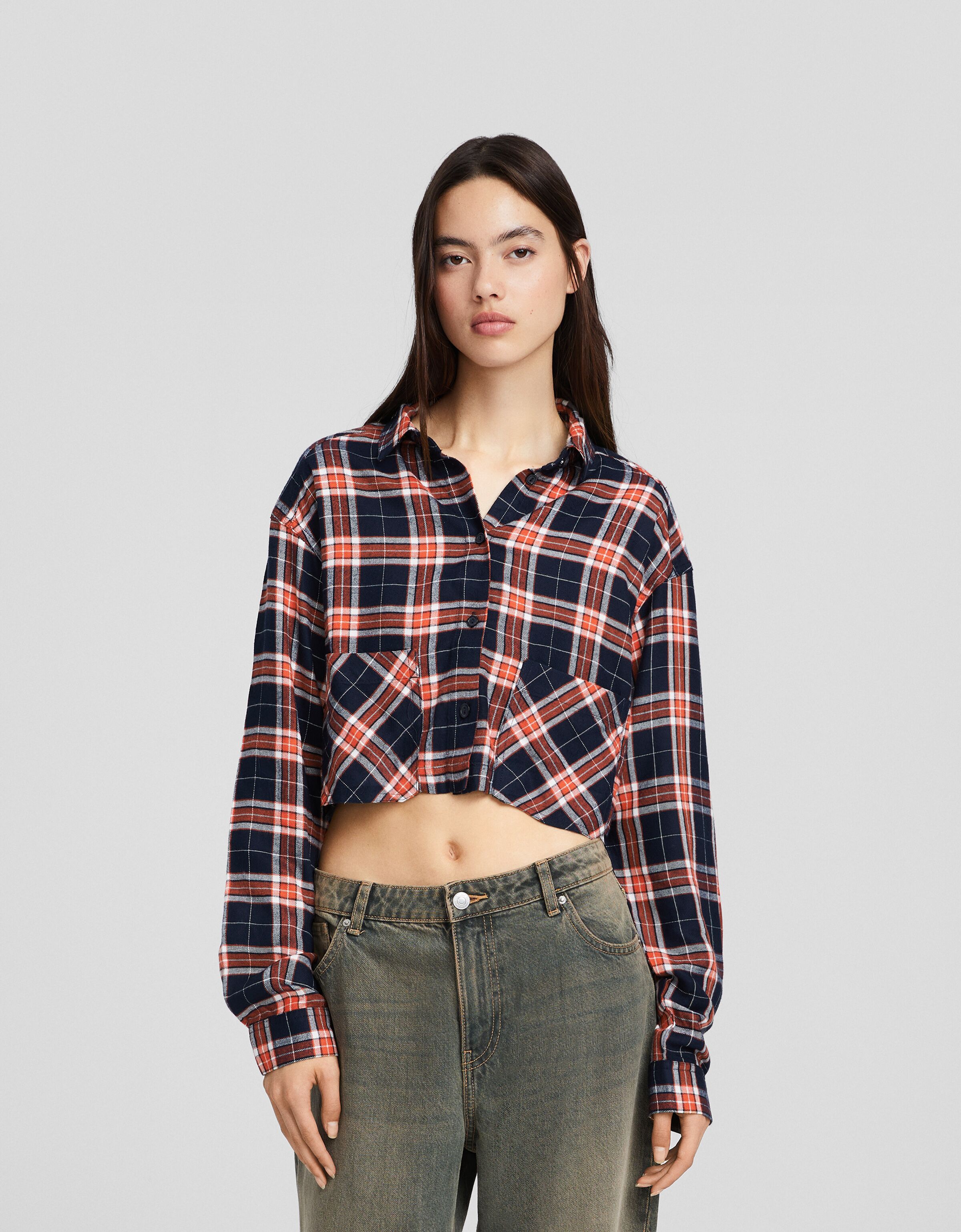 Camisa manga larga cropped cuadros