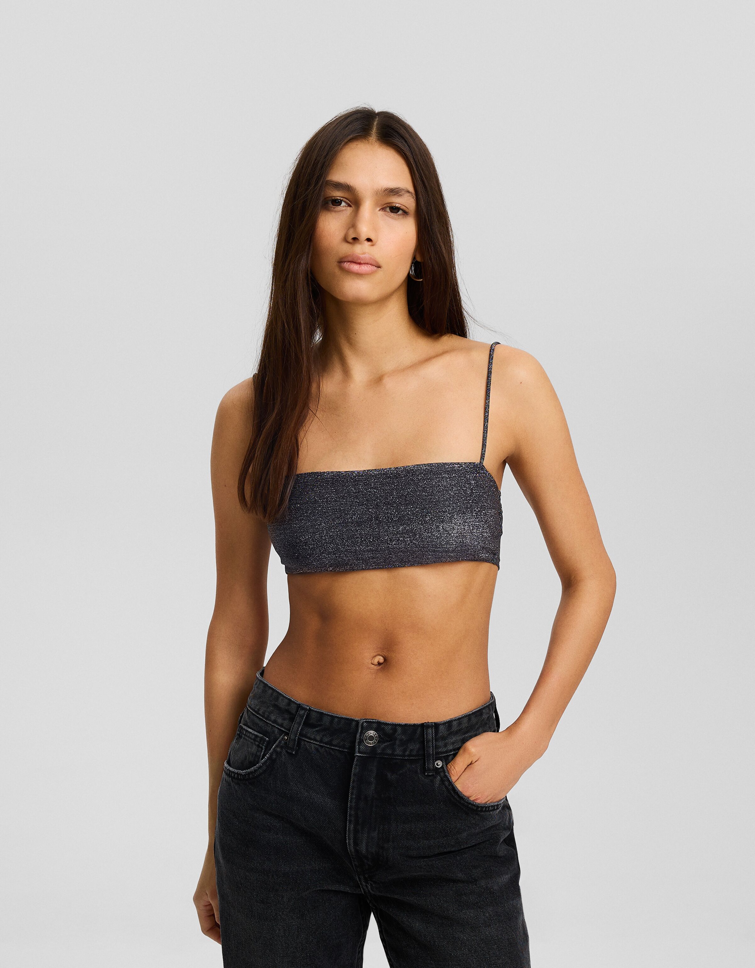 Top tirantes cropped brillo
