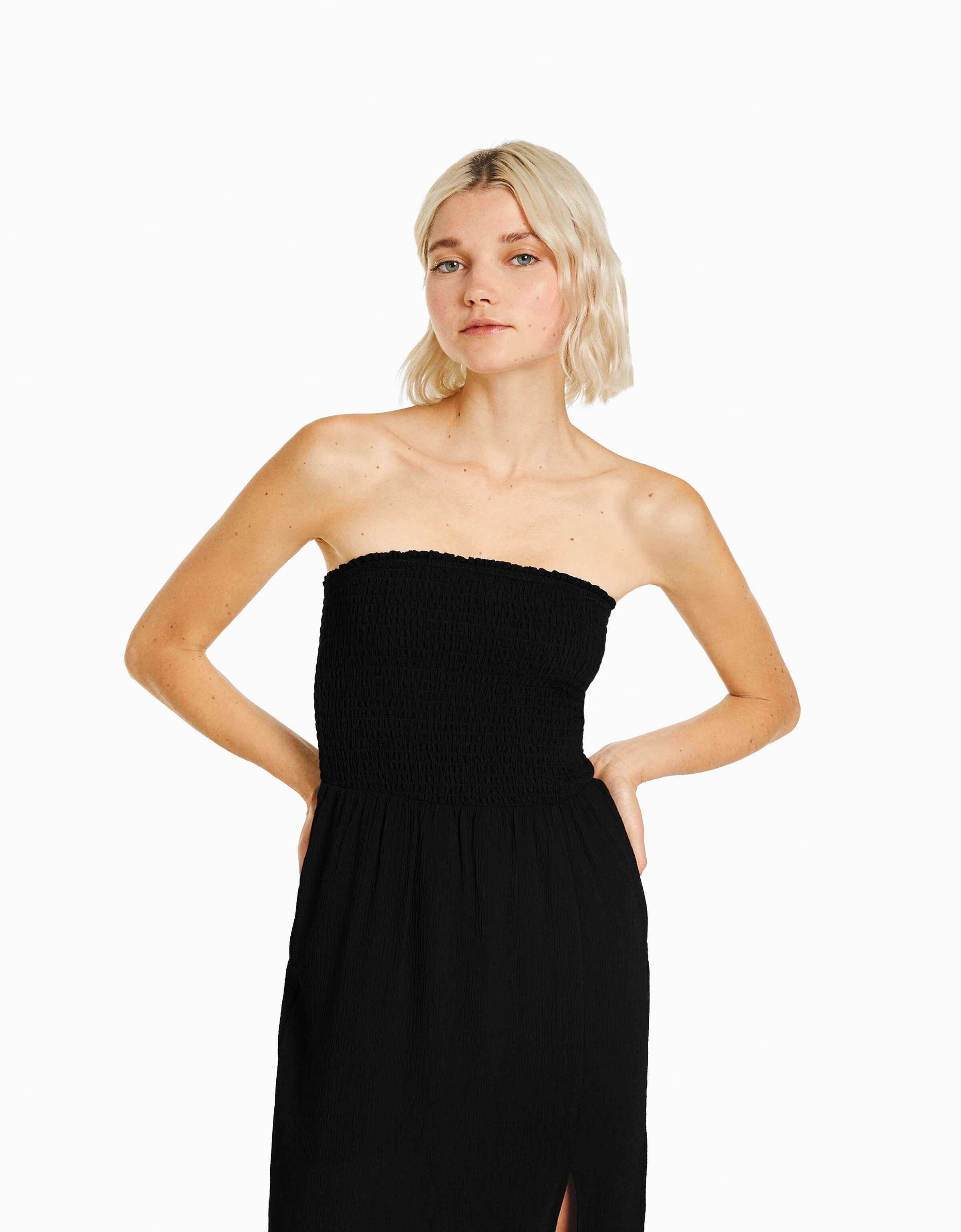 Vestido largo bandeau goma canilla