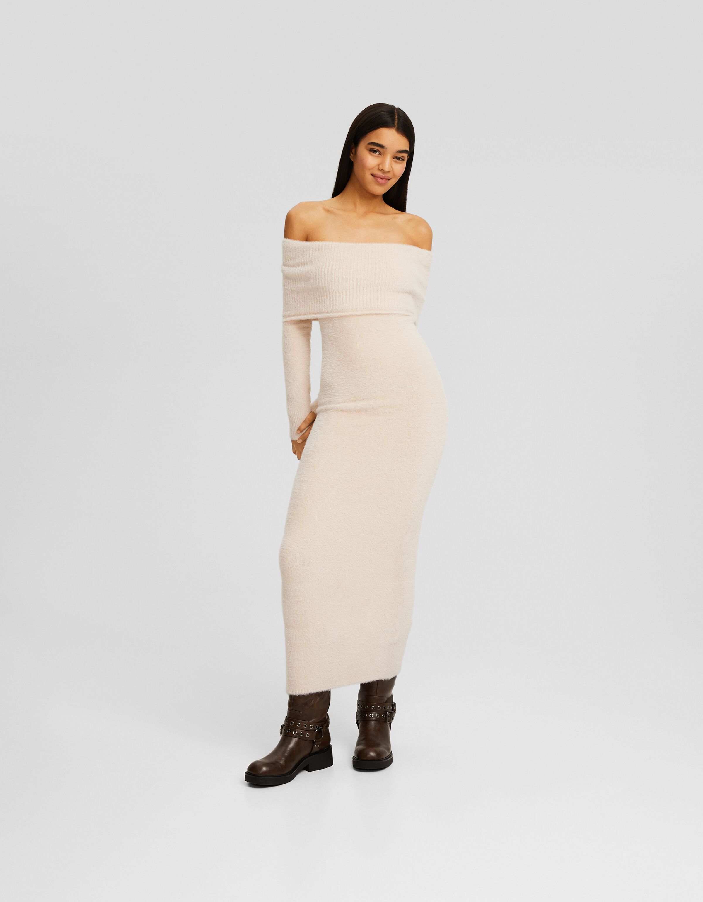 Vestido midi manga larga bardot fuzzy