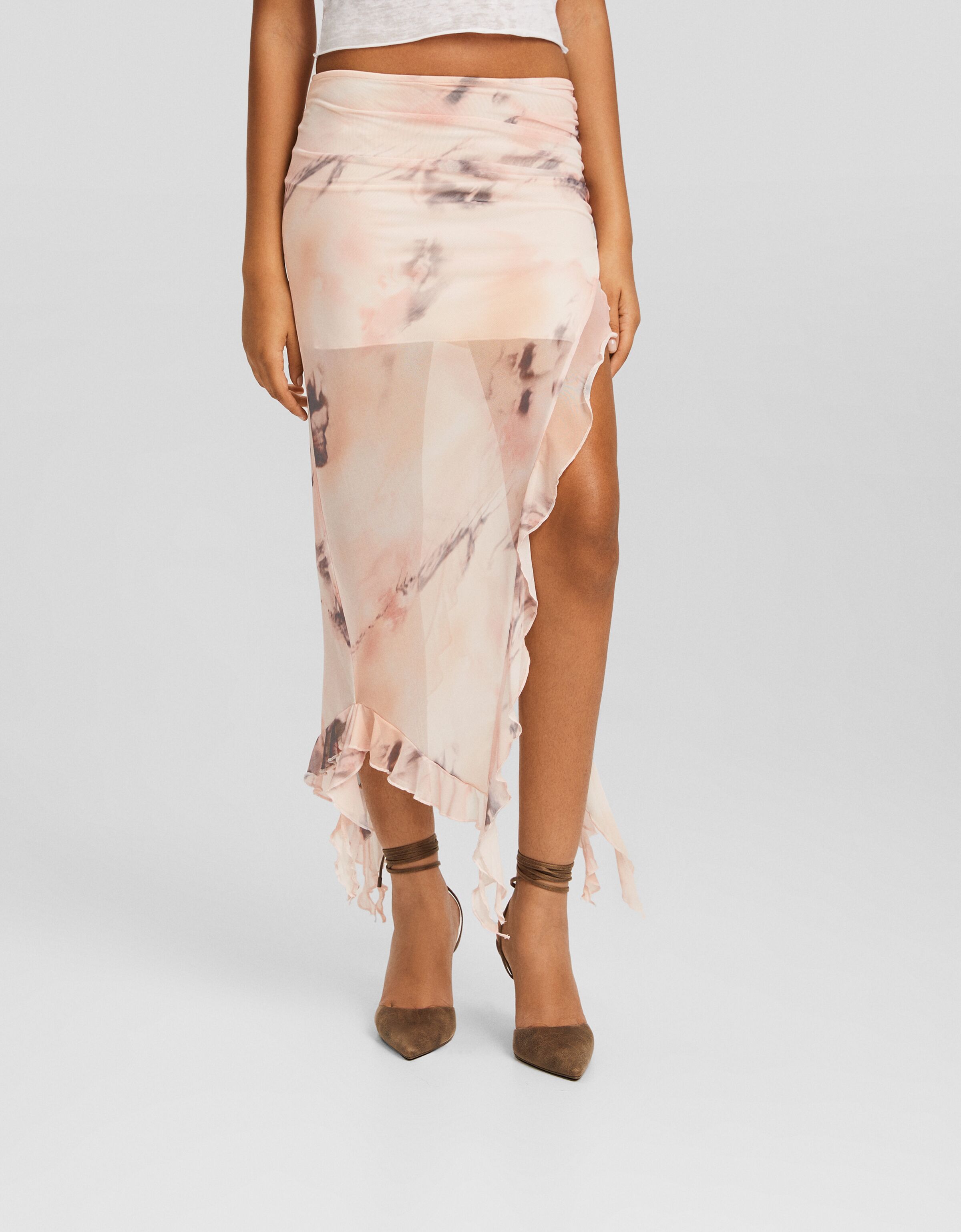 Falda midi tul volantes print